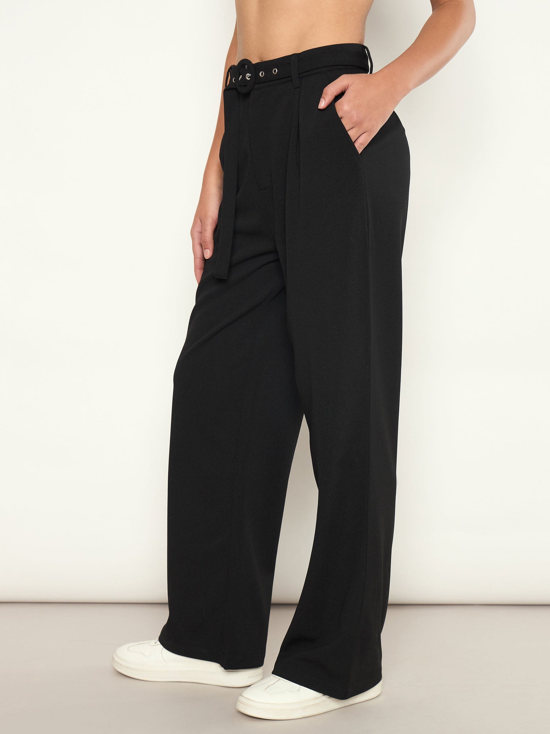 Black Front Pleated Belted Straight Pants-SASSAFRAS