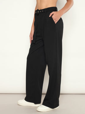 Black Front Pleated Belted Straight Pants-SASSAFRAS