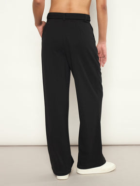 Black Front Pleated Belted Straight Pants-SASSAFRAS