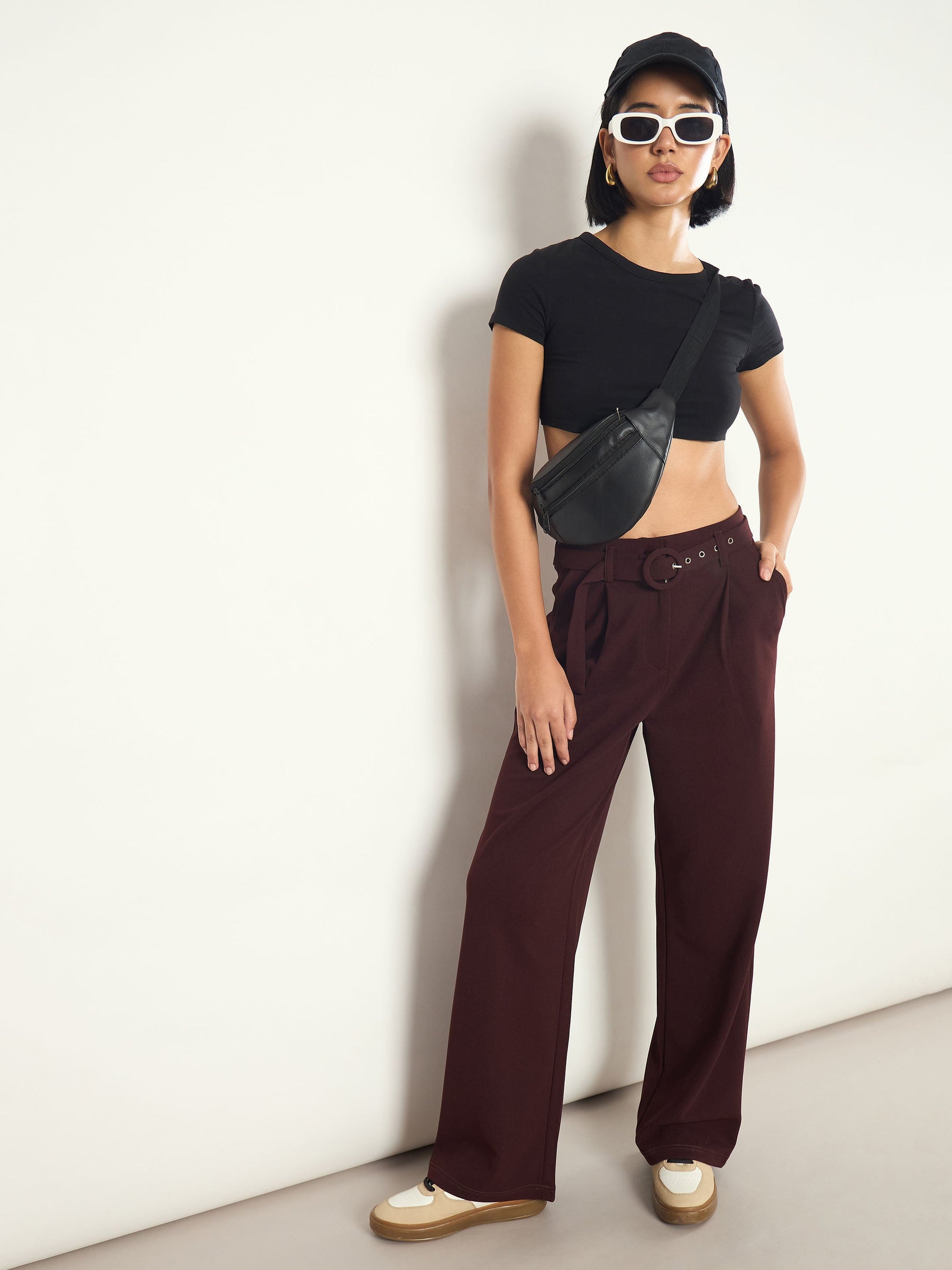 Burgundy Front Pleated Belted Straight Pants-SASSAFRAS