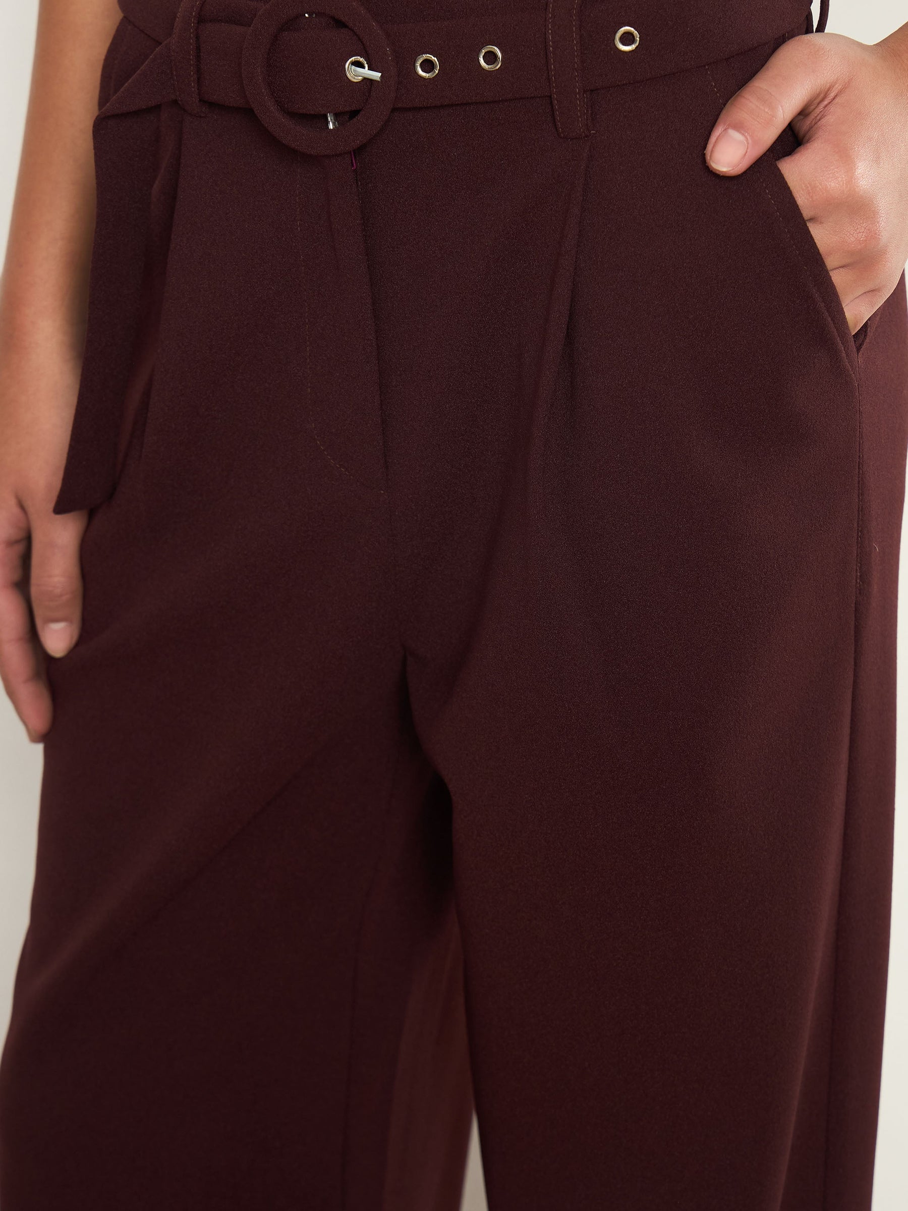 Burgundy Front Pleated Belted Straight Pants-SASSAFRAS