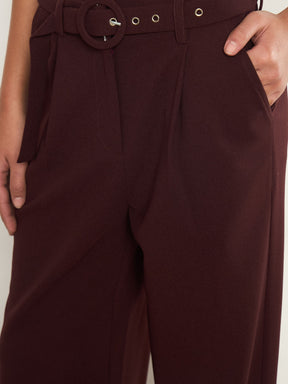 Burgundy Front Pleated Belted Straight Pants-SASSAFRAS