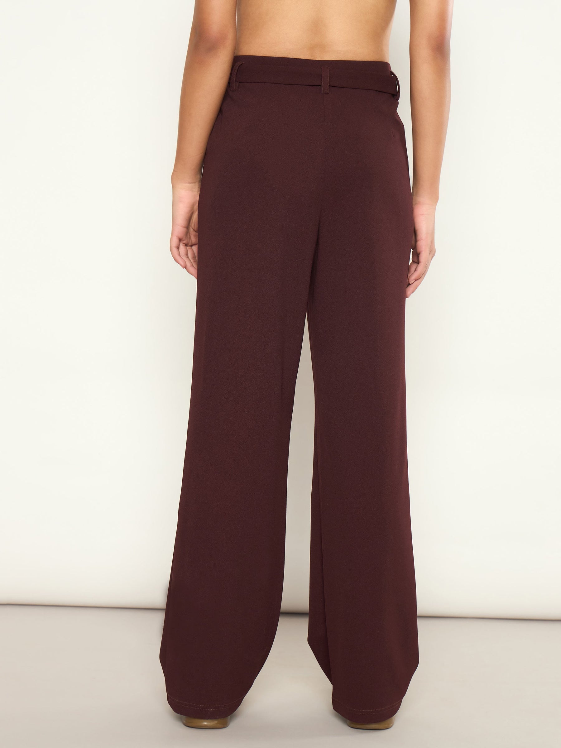 Burgundy Front Pleated Belted Straight Pants-SASSAFRAS