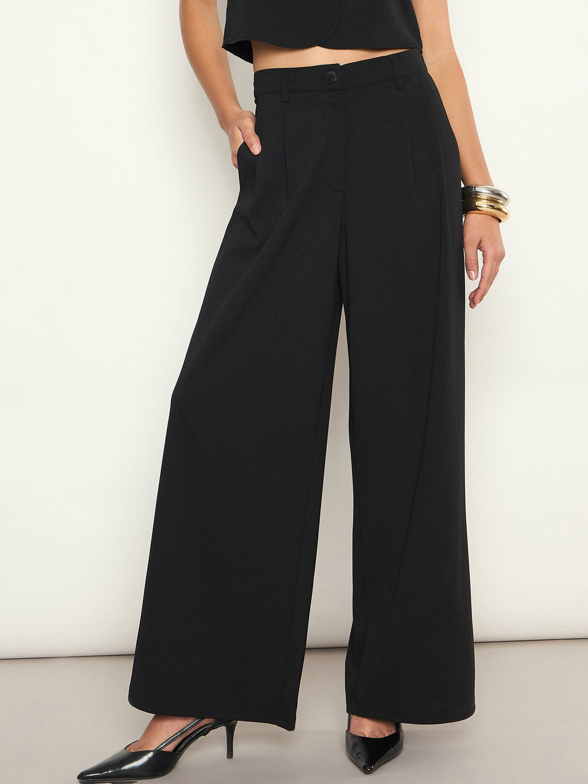 Black Front Pleated Wide Leg Straight Pants-SASSAFRAS