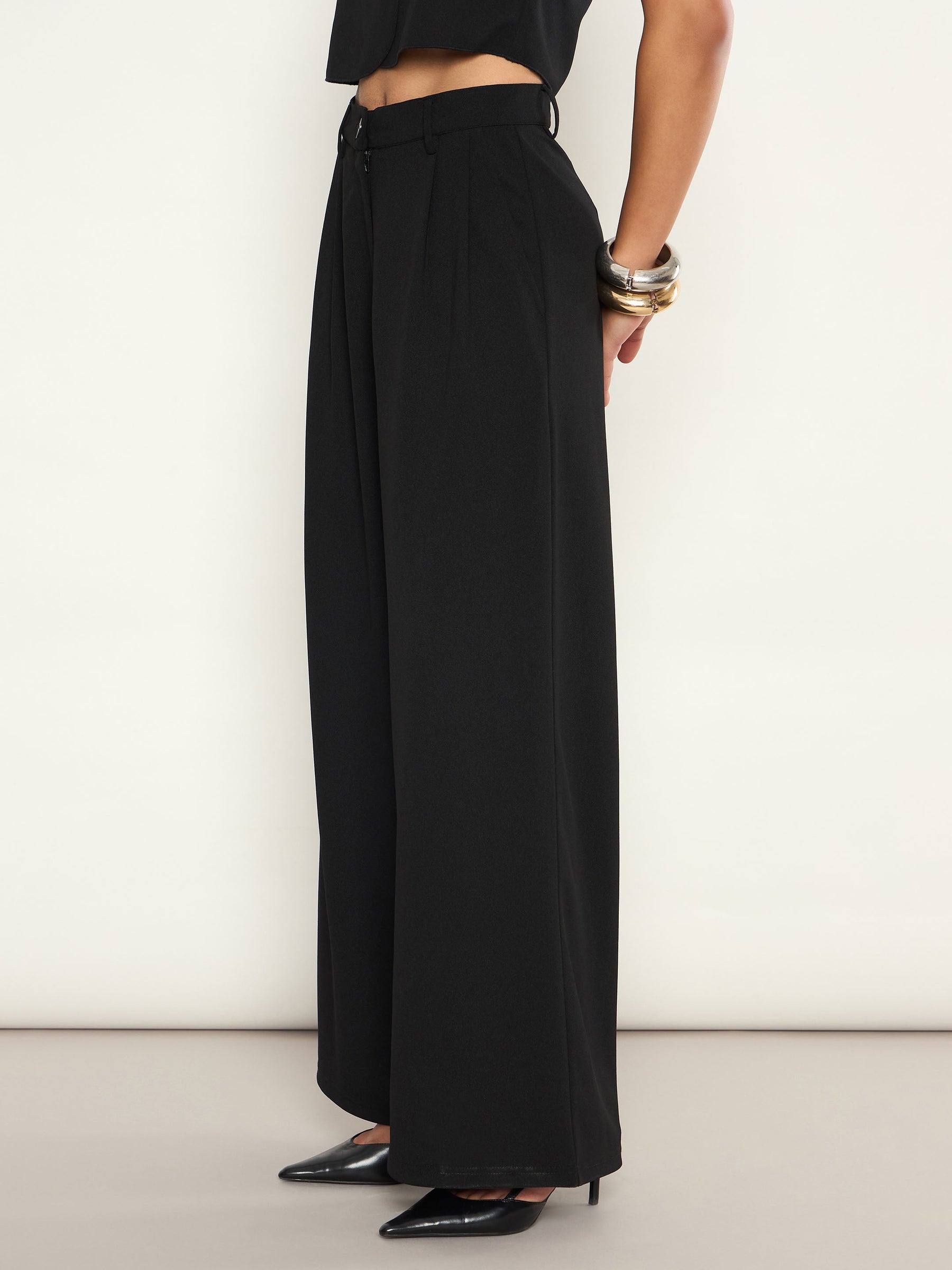 Black Front Pleated Wide Leg Straight Pants-SASSAFRAS