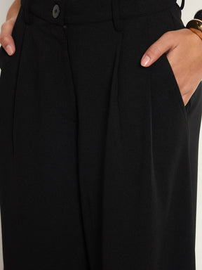 Black Front Pleated Wide Leg Straight Pants-SASSAFRAS