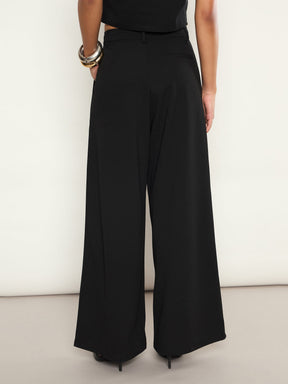 Black Front Pleated Wide Leg Straight Pants-SASSAFRAS