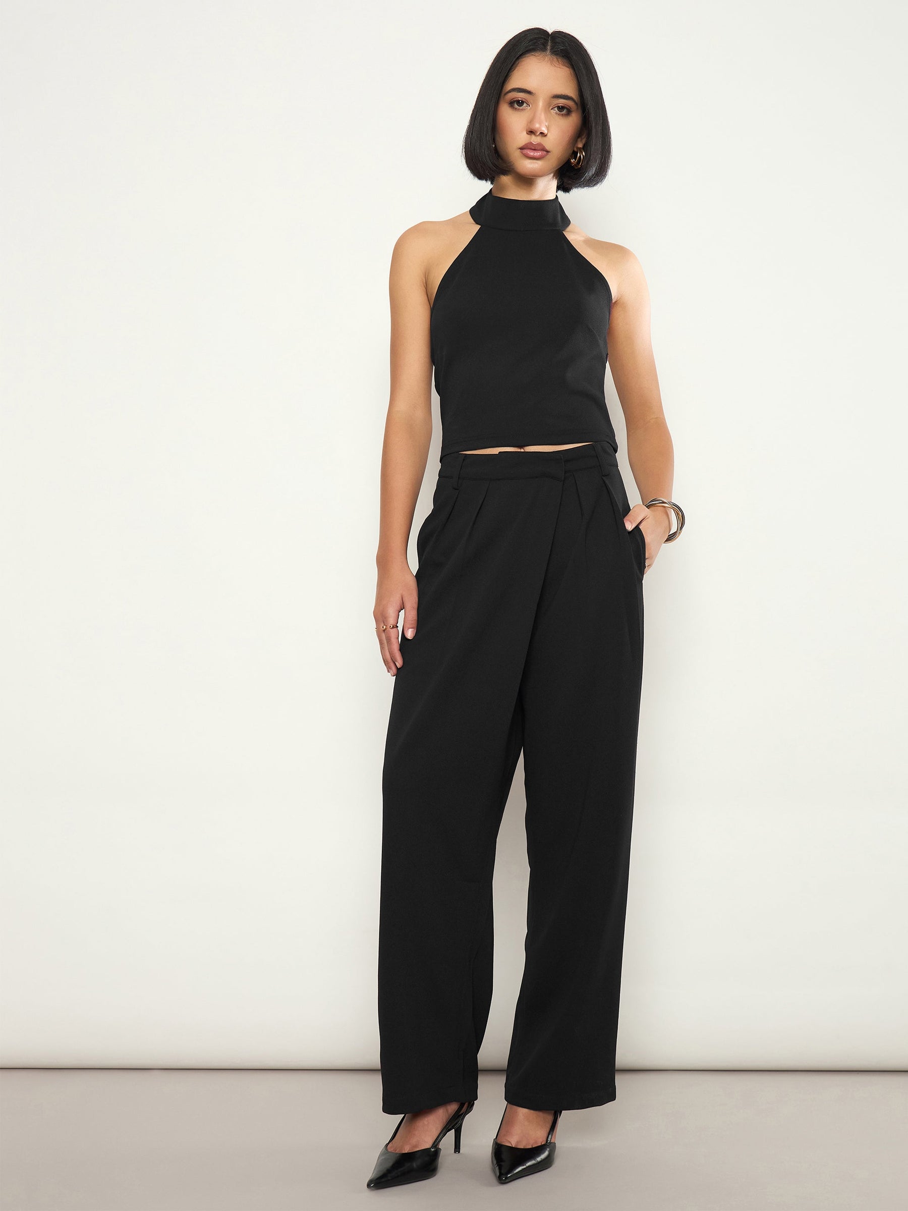 Black Wrap Straight Pants-SASSAFRAS