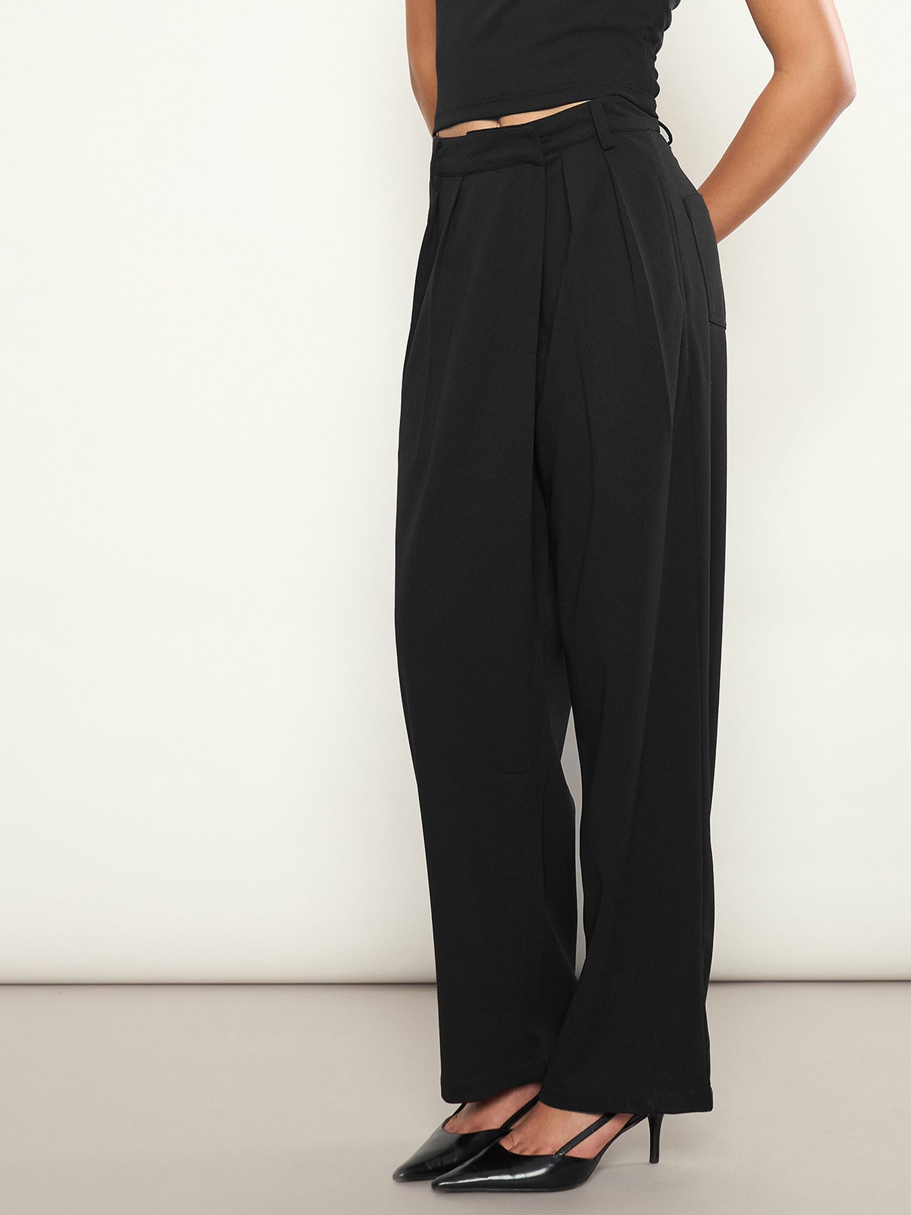 Black Wrap Straight Pants-SASSAFRAS