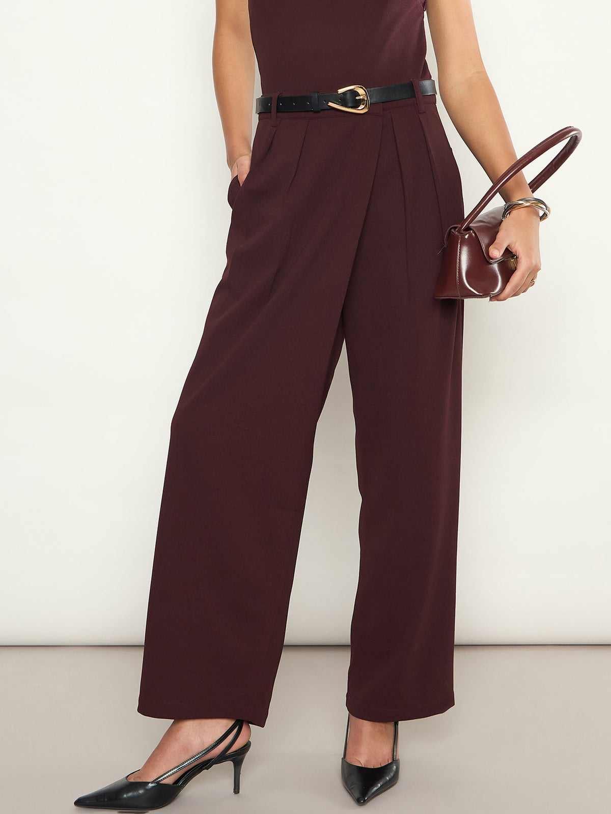 Burgundy Wrap Straight Pants-SASSAFRAS