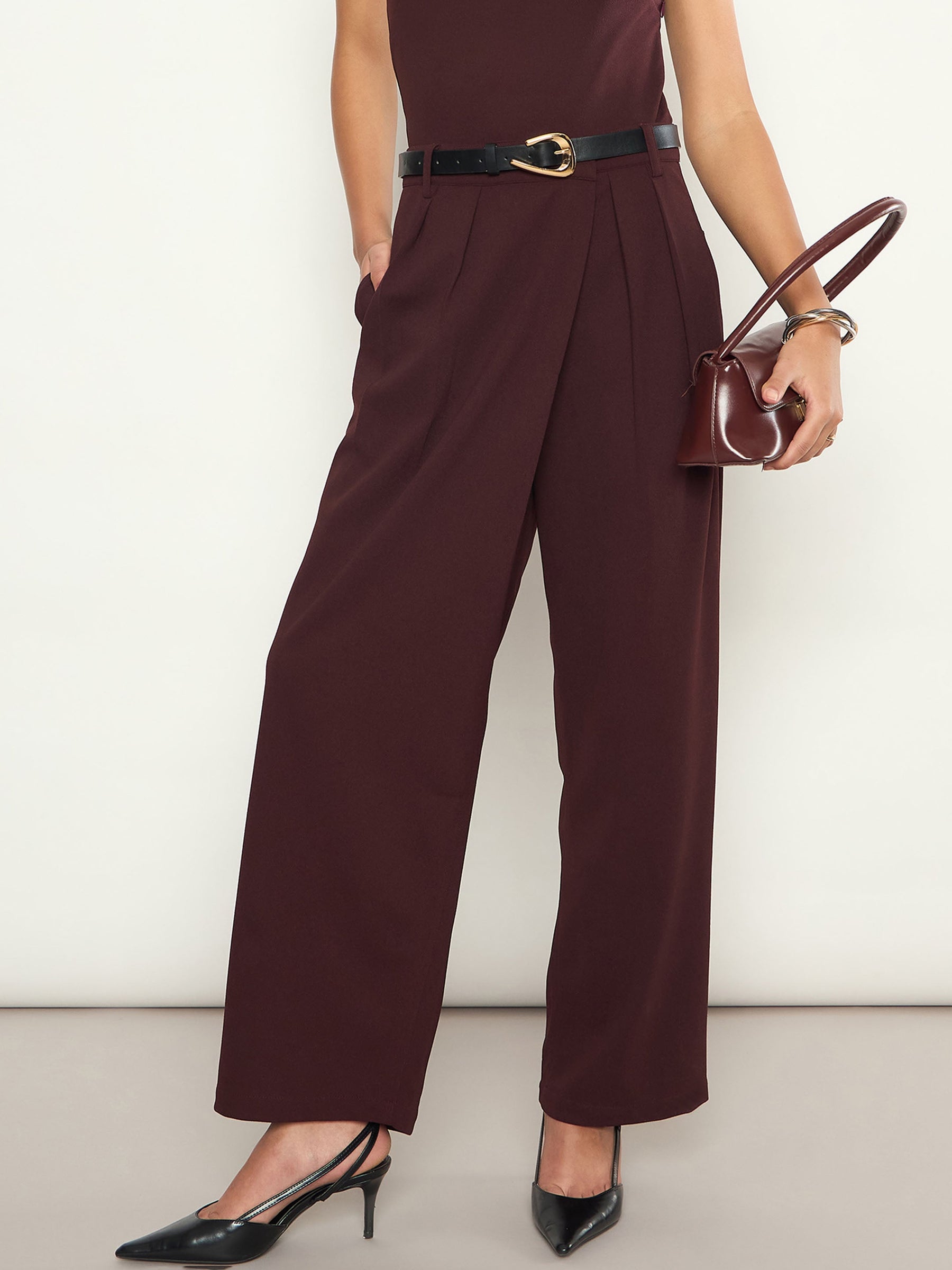 Burgundy Wrap Straight Pants-SASSAFRAS