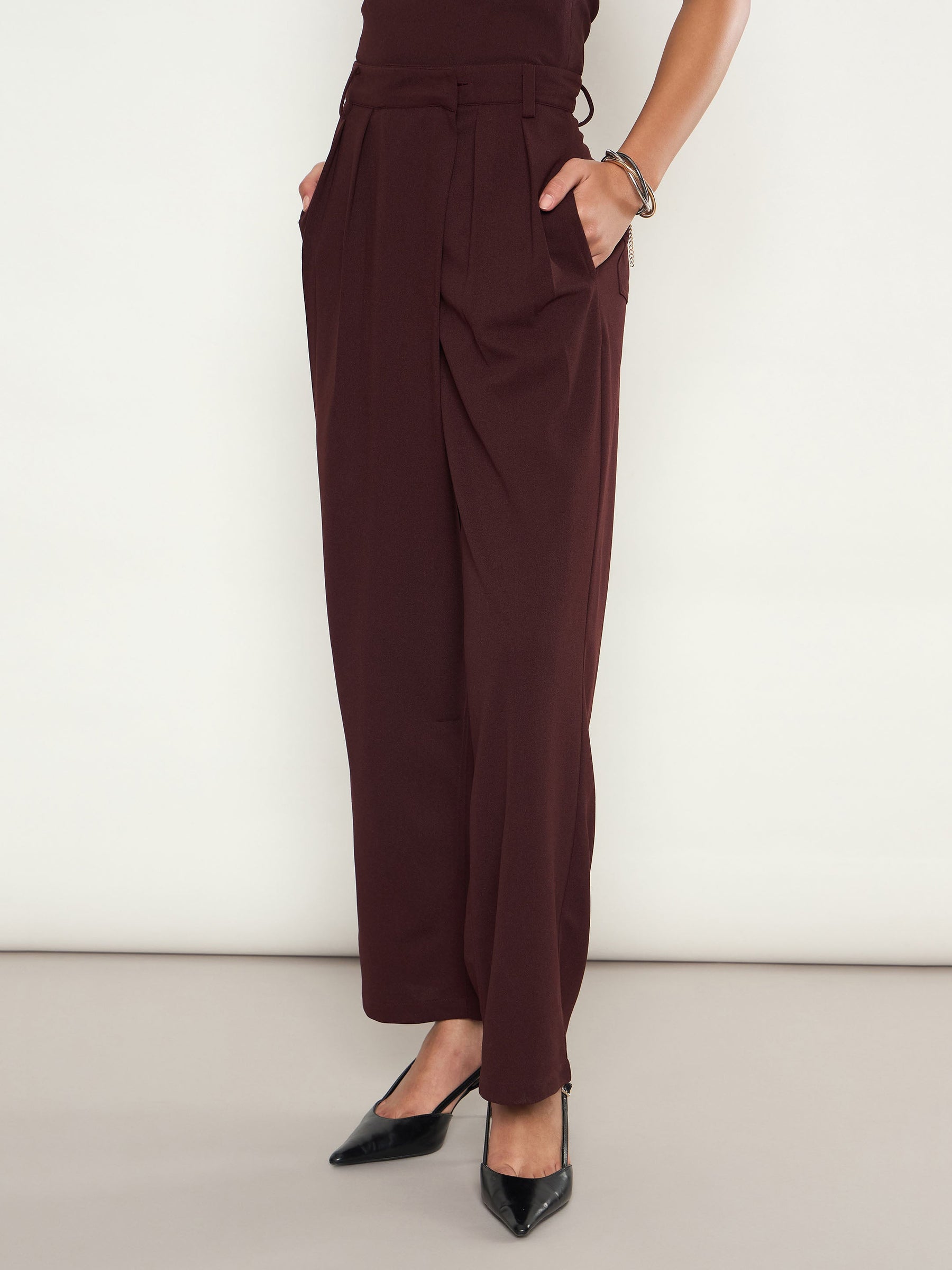 Burgundy Wrap Straight Pants-SASSAFRAS