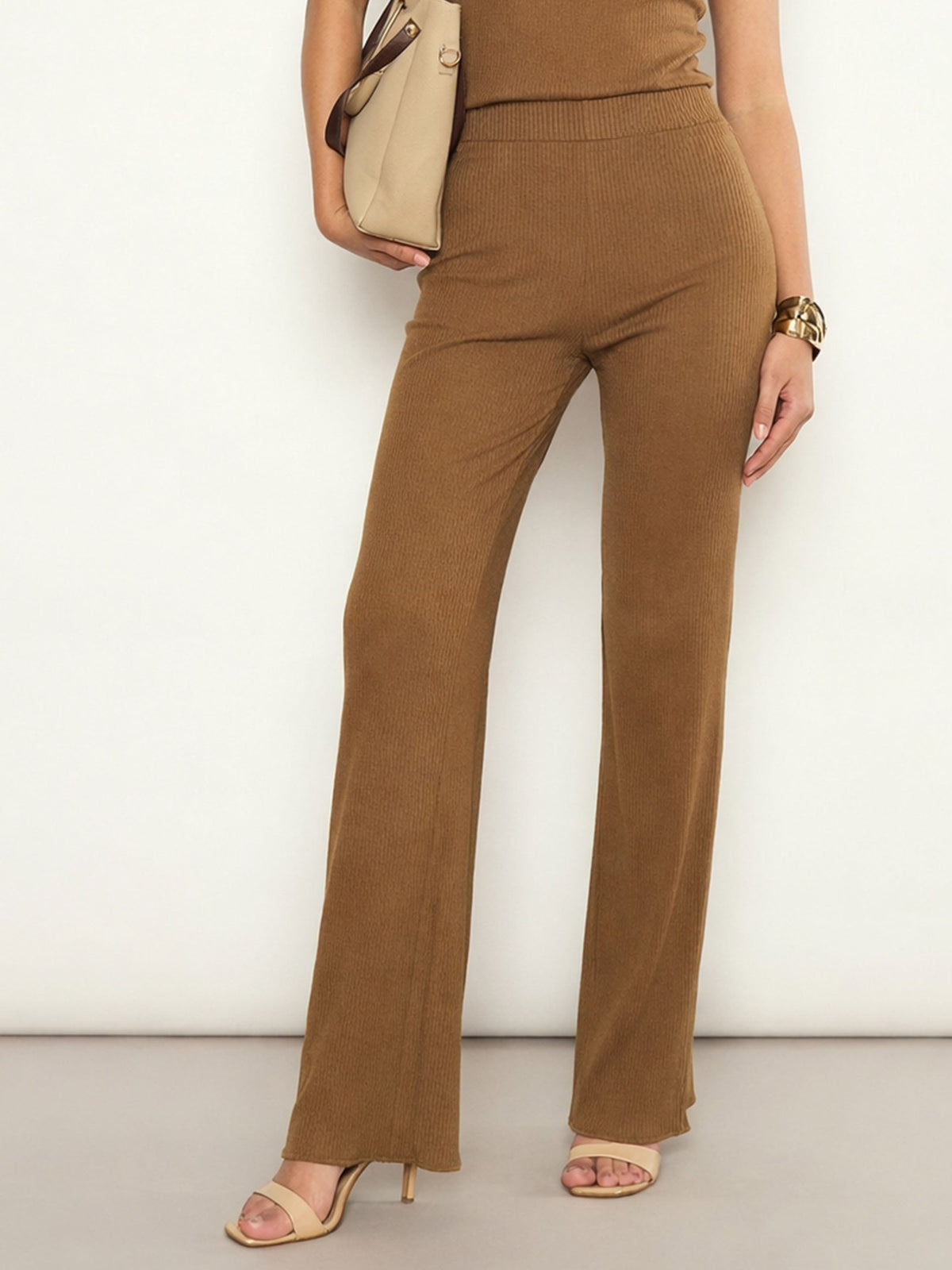Tan Rib Elasticated Track Pants-SASSAFRAS 