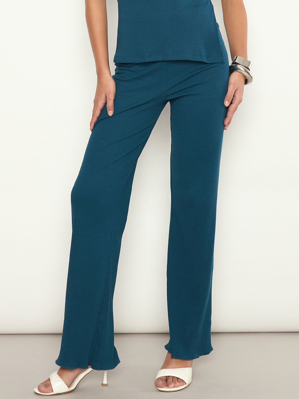 Teal Rib Elasticated Track Pants-SASSAFRAS 
