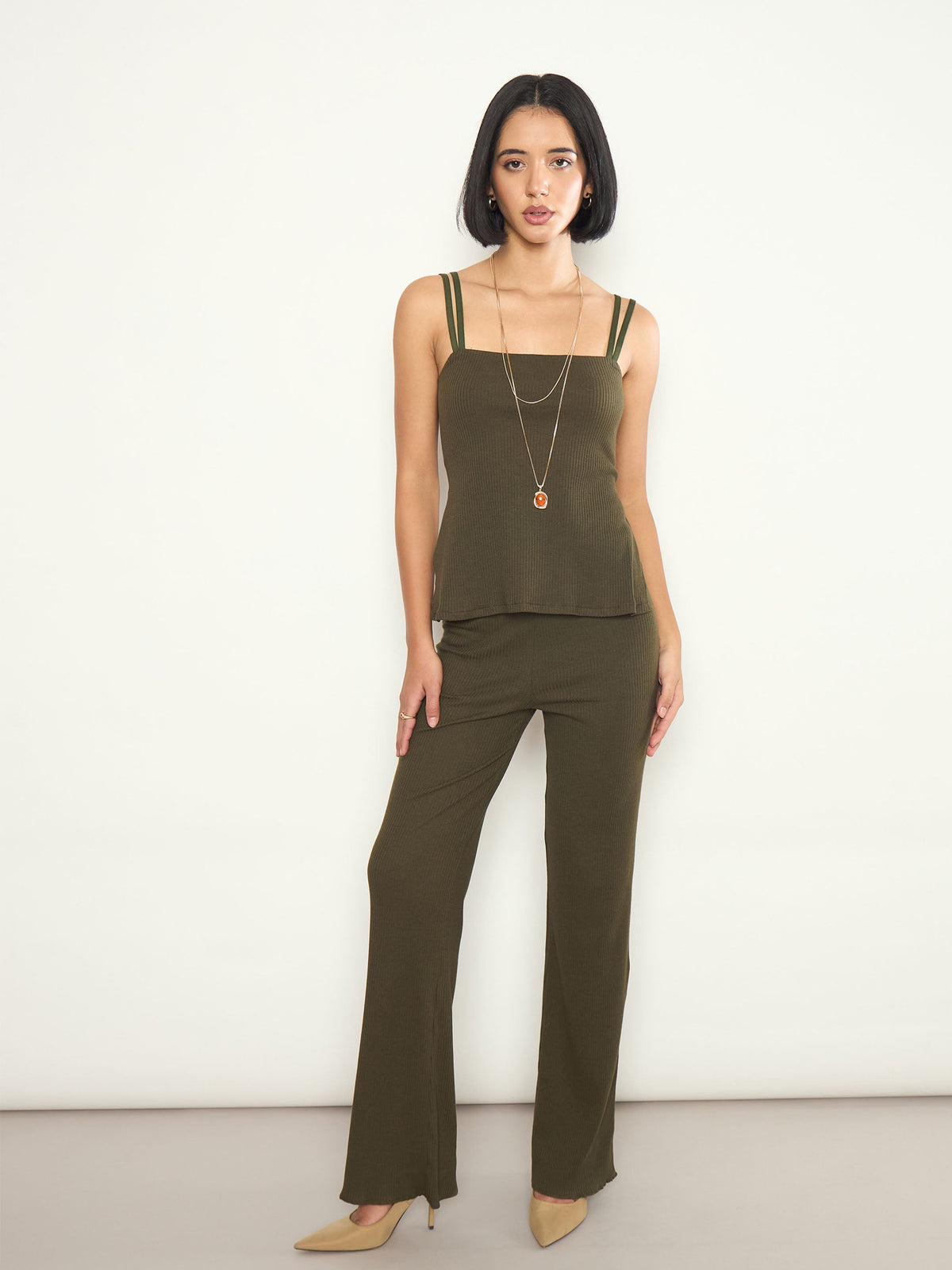 Olive Rib Elasticated Track Pants-SASSAFRAS 