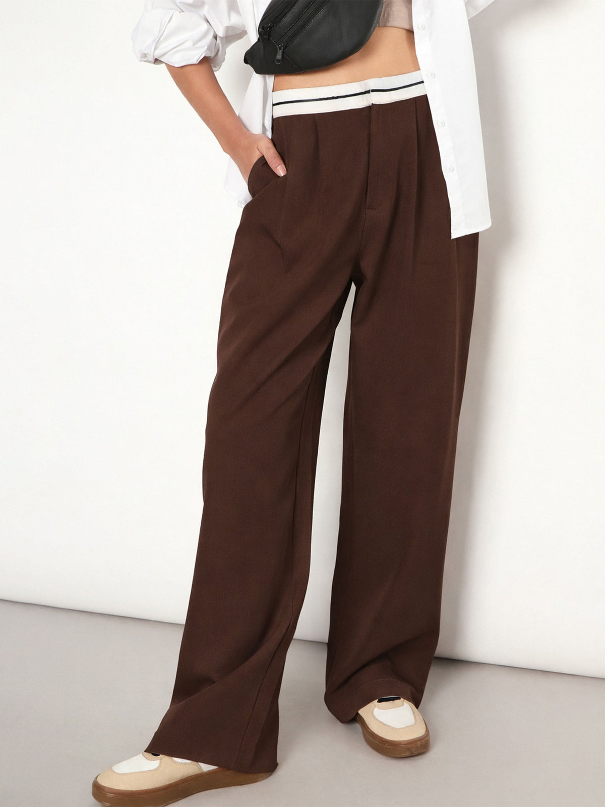 Brown Front Pleated Wide Leg Korean Pants-SASSAFRAS 