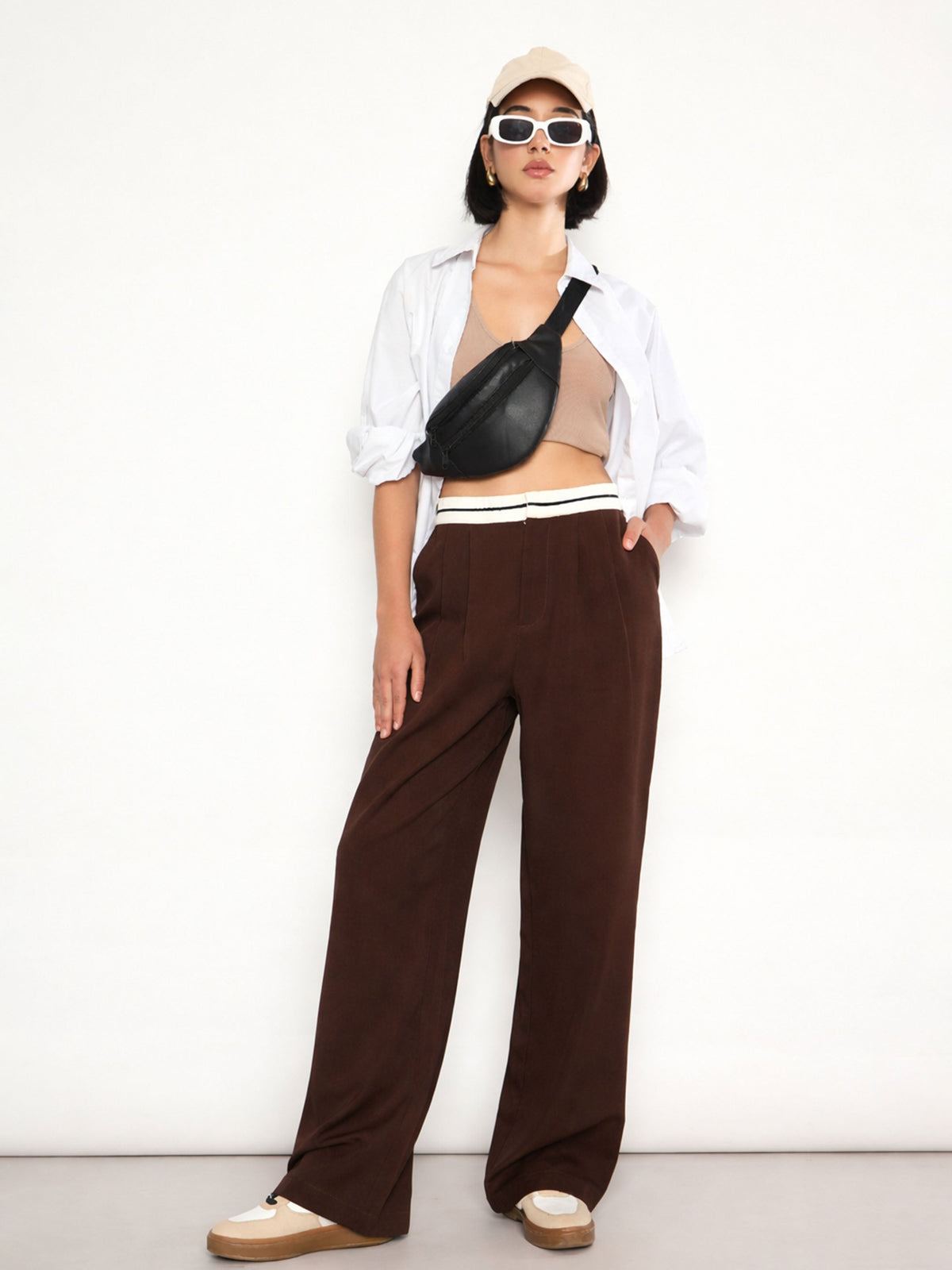 Brown Front Pleated Wide Leg Korean Pants-SASSAFRAS 