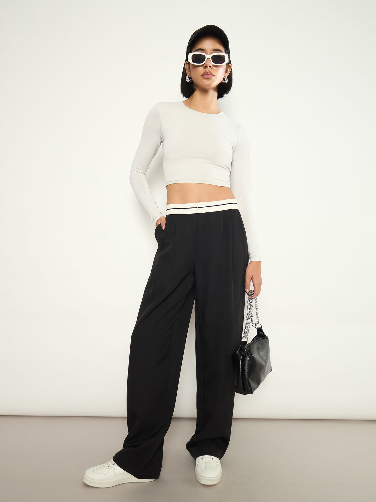 Black Front Pleated Wide Leg Korean Pants-SASSAFRAS 