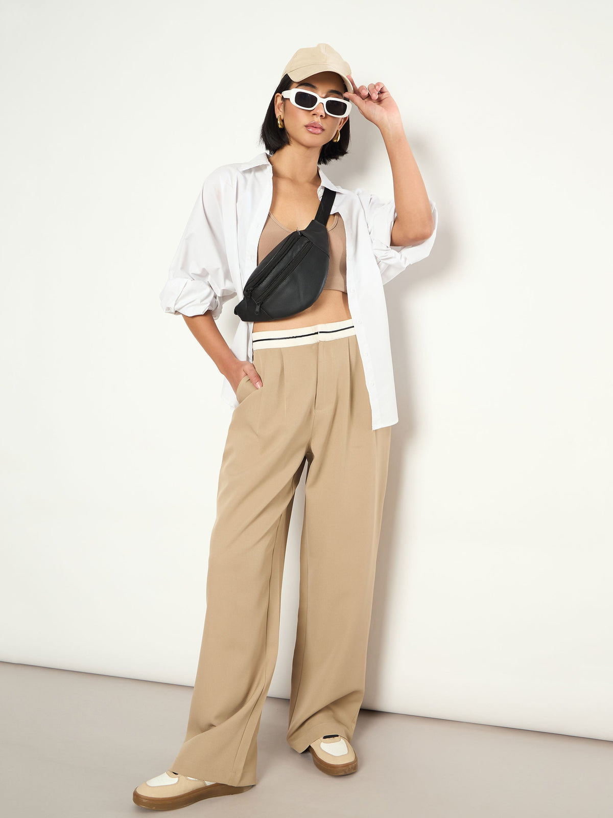 Beige Front Pleated Wide Leg Korean Pants-SASSAFRAS 
