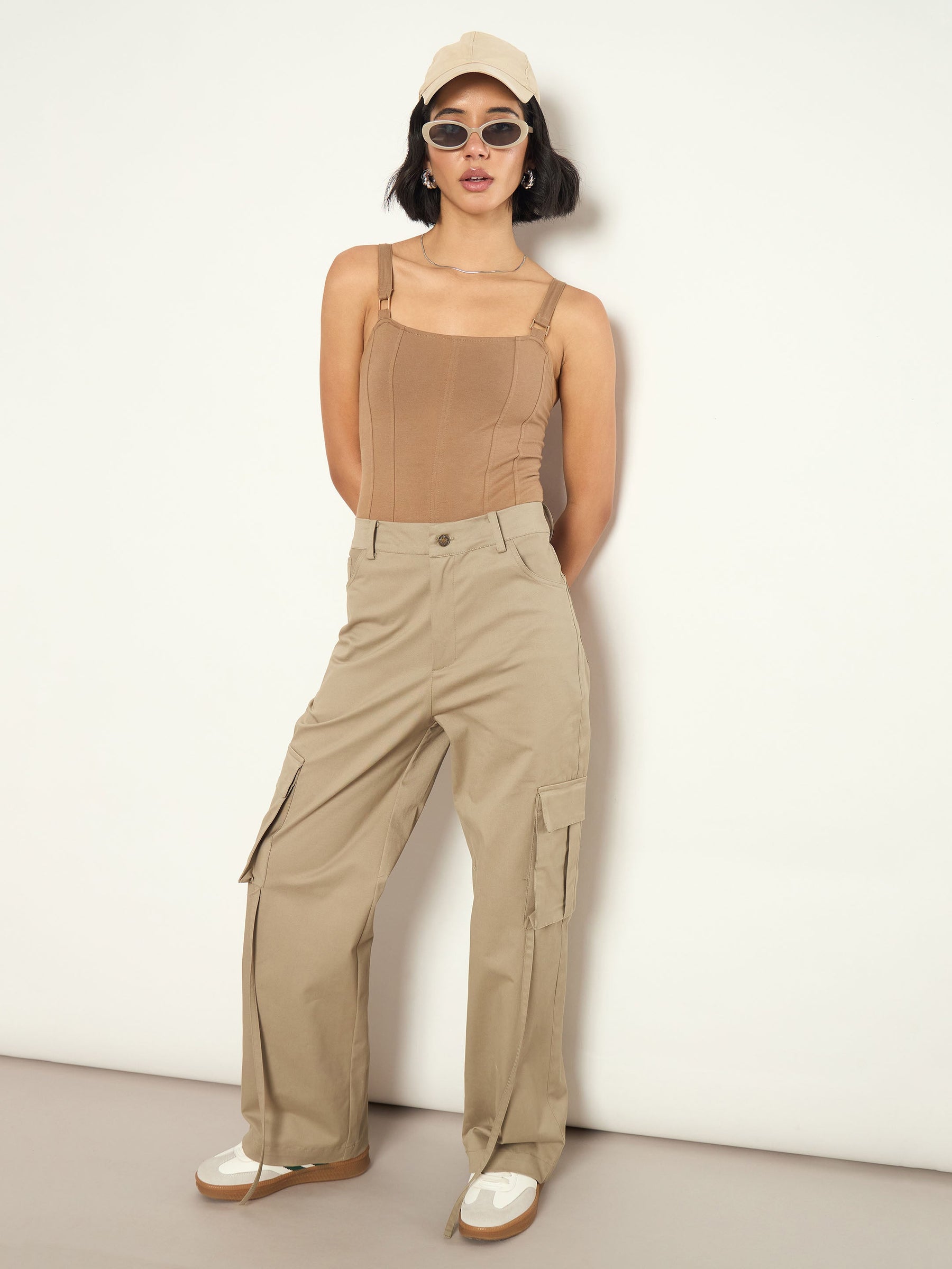 Beige Pocket Loop Detail Cargo Pants-SASSAFRAS