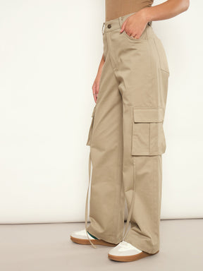 Beige Pocket Loop Detail Cargo Pants-SASSAFRAS