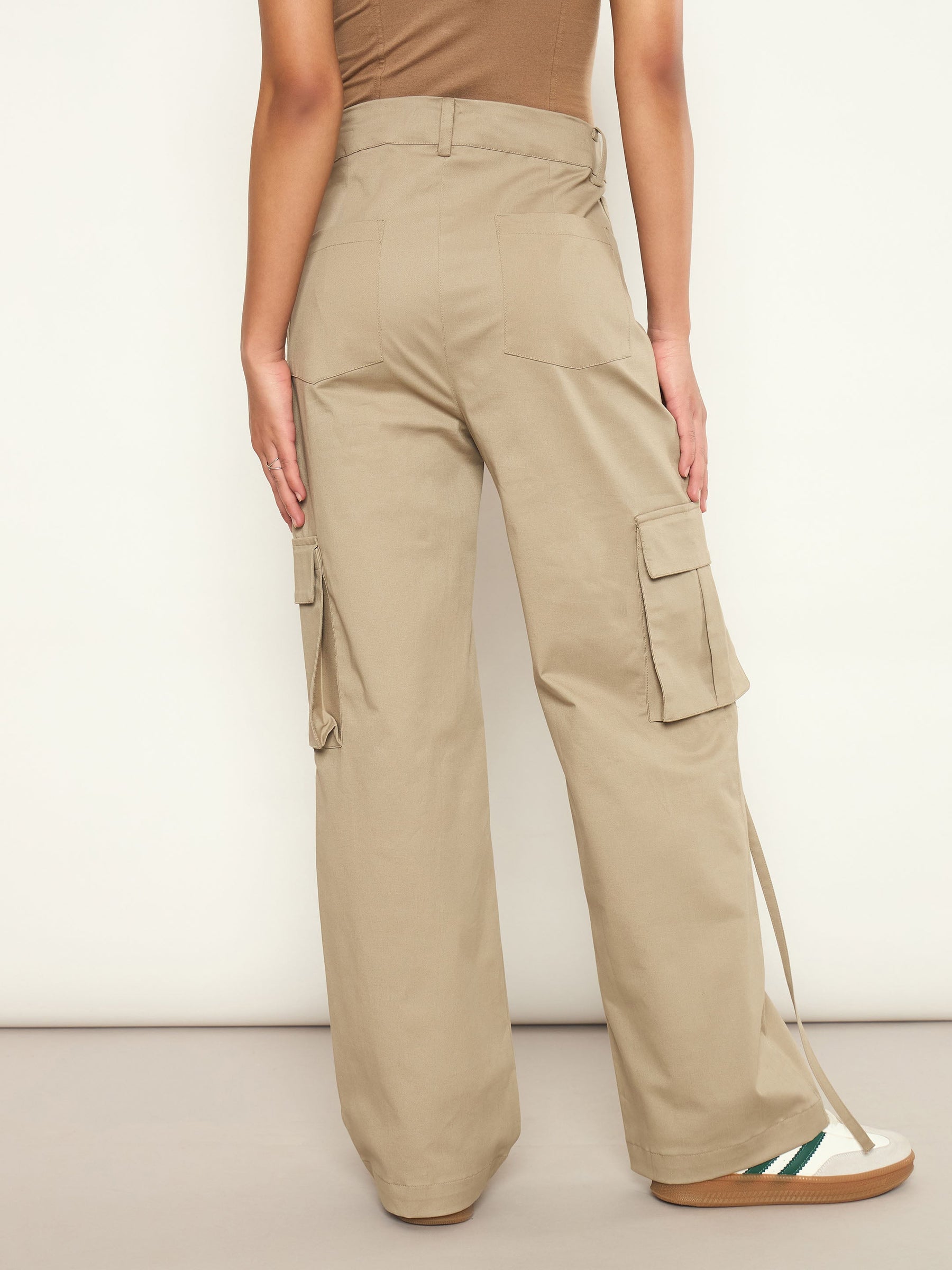 Beige Pocket Loop Detail Cargo Pants-SASSAFRAS