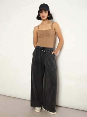 Black Overdyed Elasticated Straight Pants-SASSAFRAS