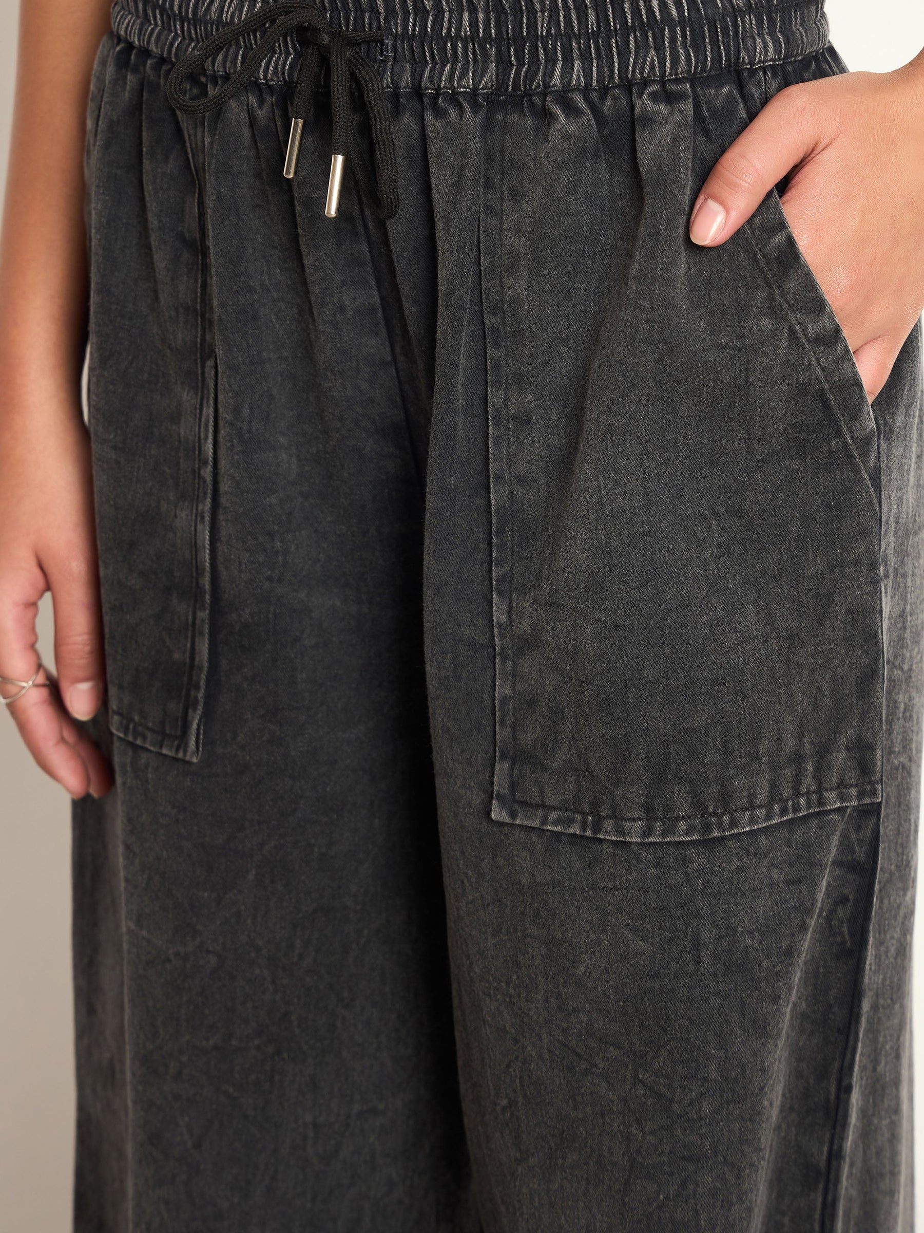 Black Overdyed Elasticated Straight Pants-SASSAFRAS