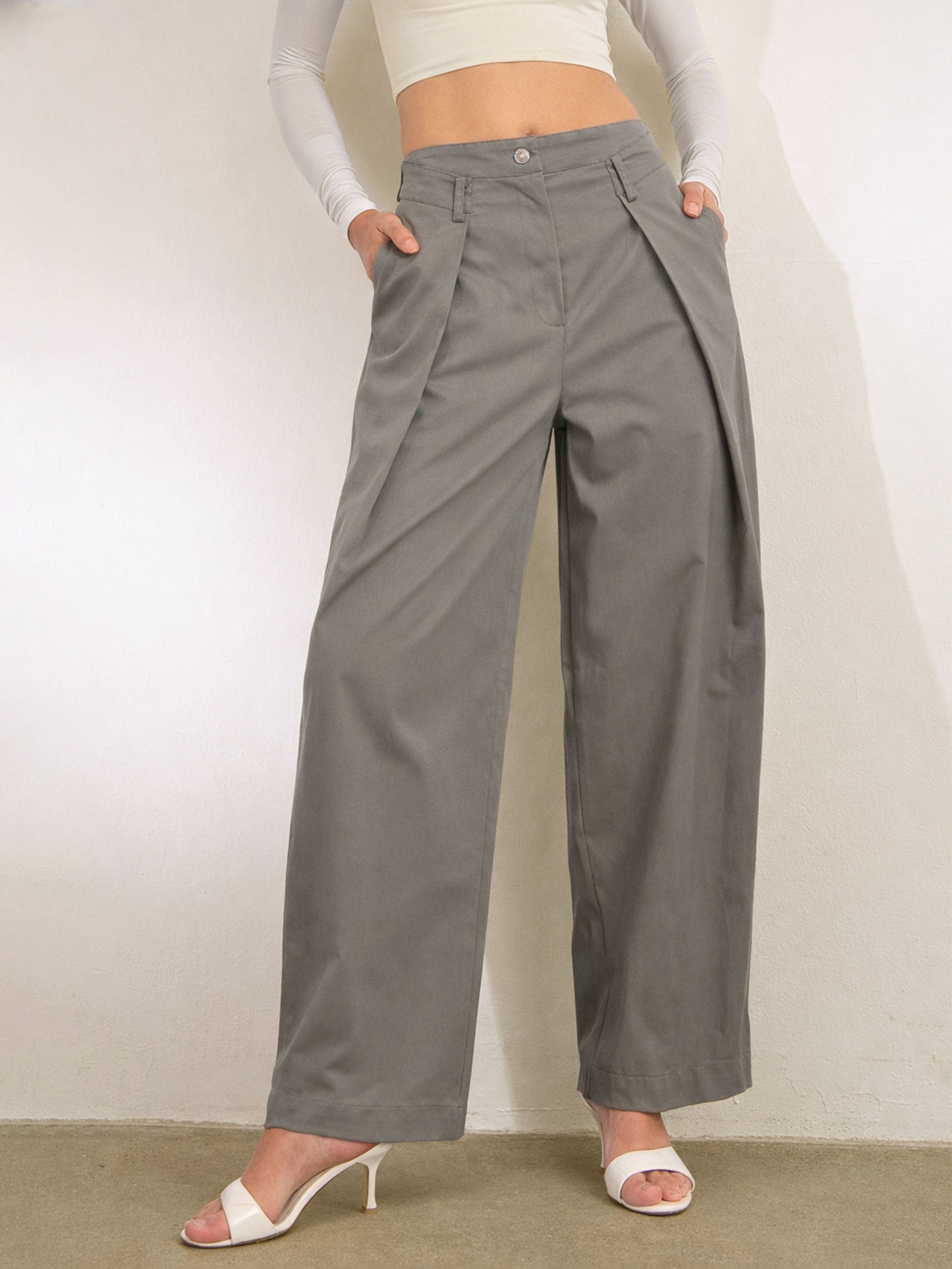 Grey Overlap Pleated Korean Pants-SASSAFRAS