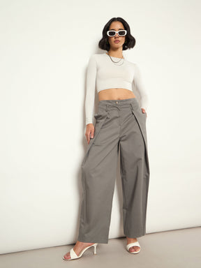 Grey Overlap Pleated Korean Pants-SASSAFRAS
