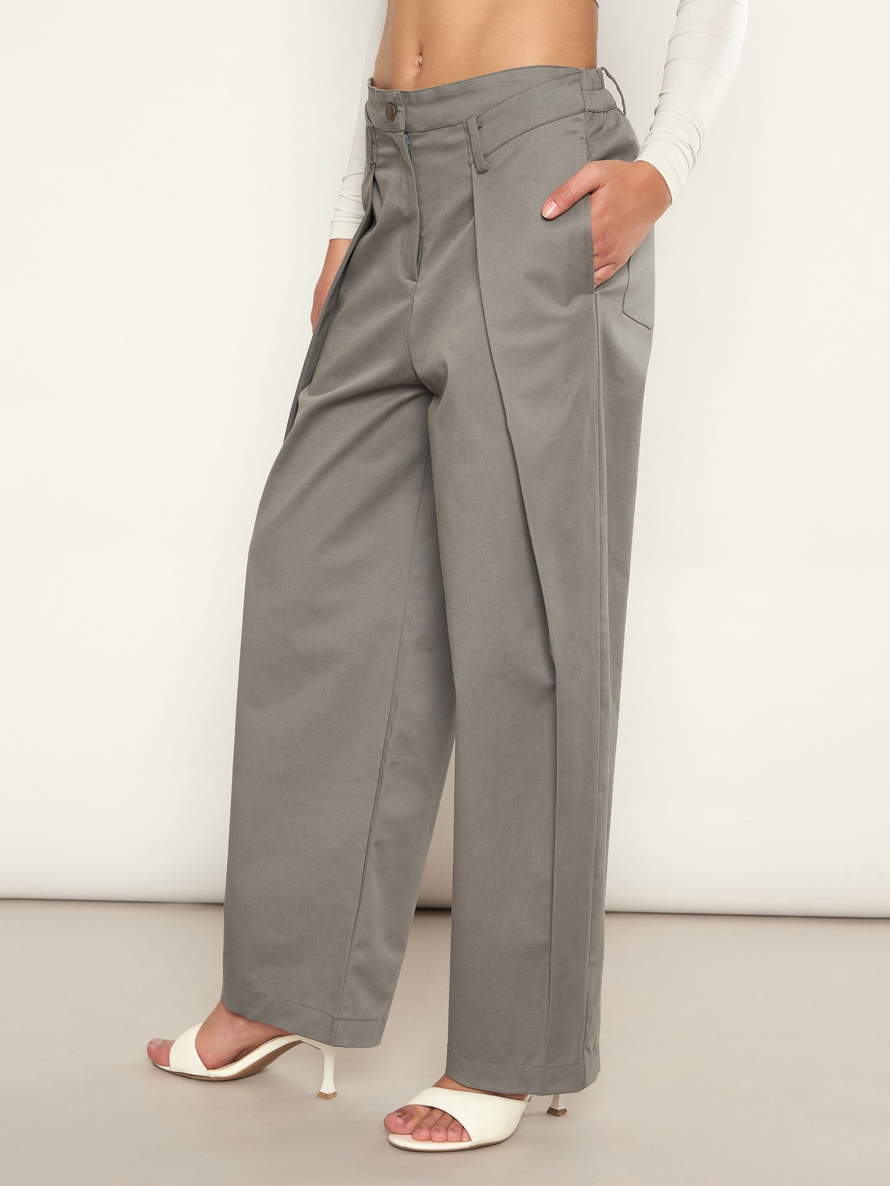 Grey Overlap Pleated Korean Pants-SASSAFRAS