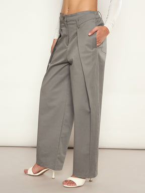 Grey Overlap Pleated Korean Pants-SASSAFRAS