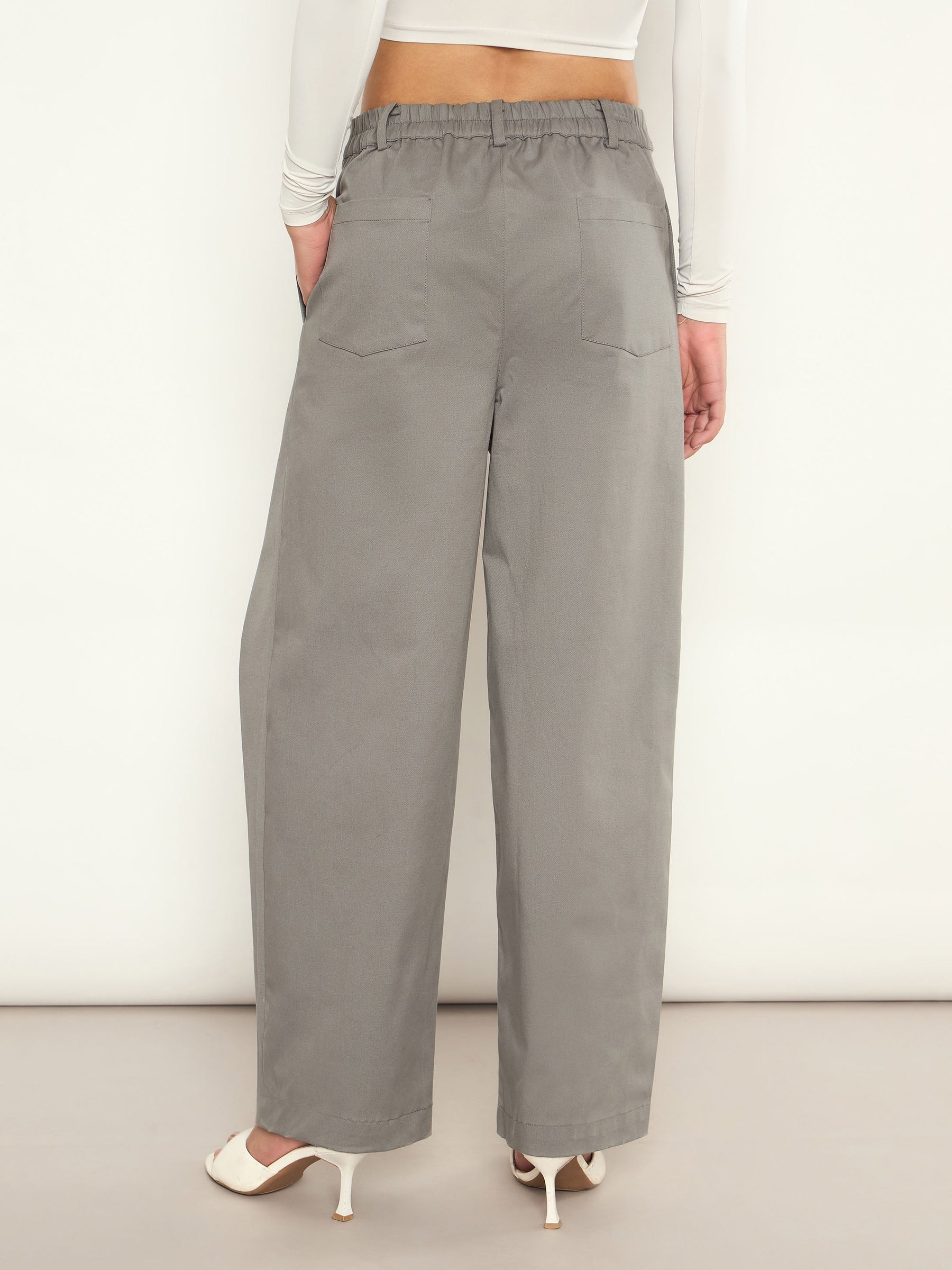 Grey Overlap Pleated Korean Pants-SASSAFRAS