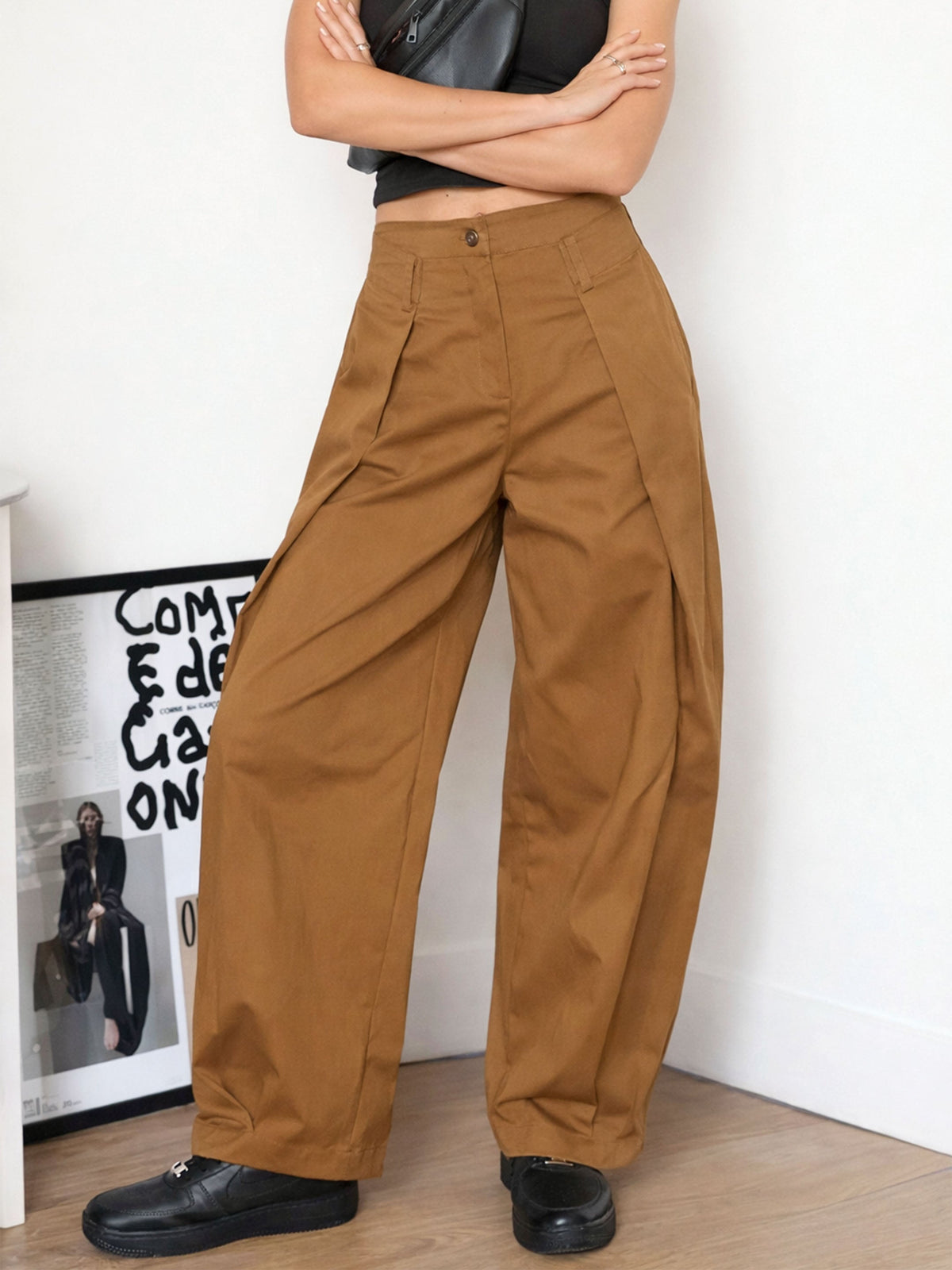 Brown Overlap Pleated Korean Pants-SASSAFRAS