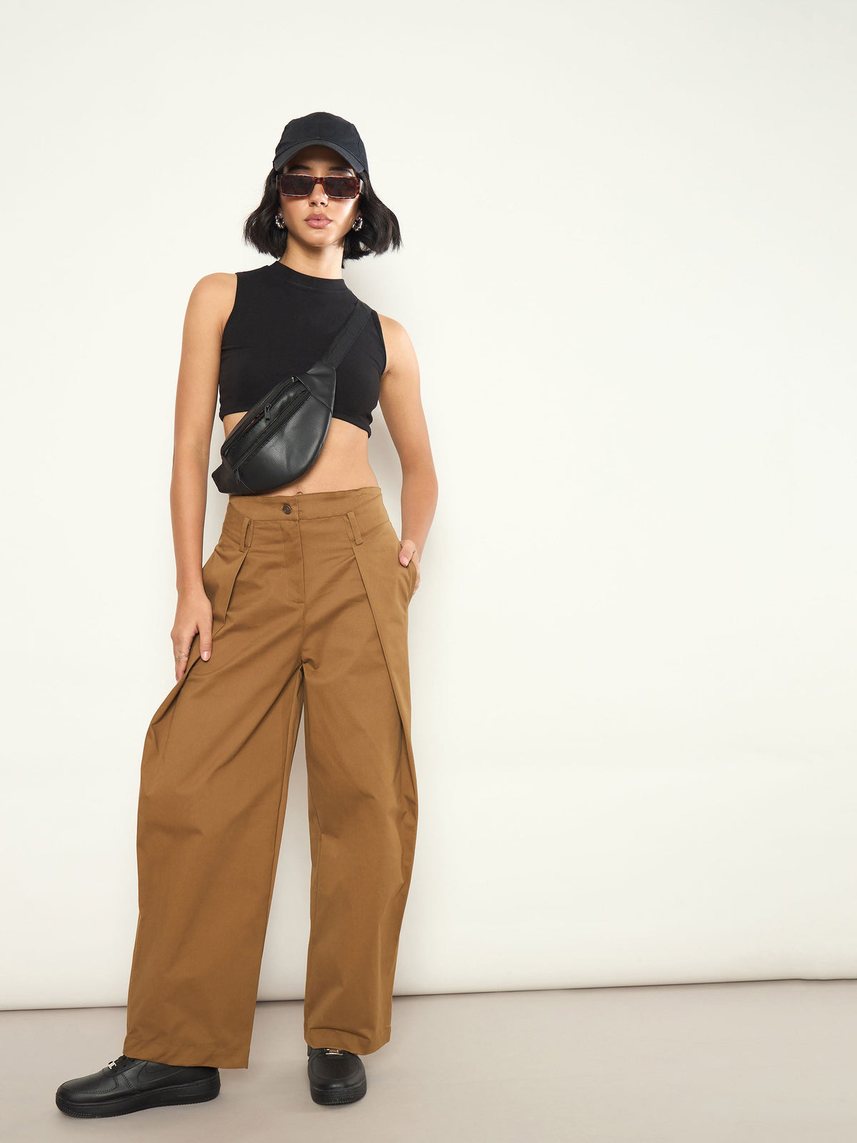 Brown Overlap Pleated Korean Pants-SASSAFRAS