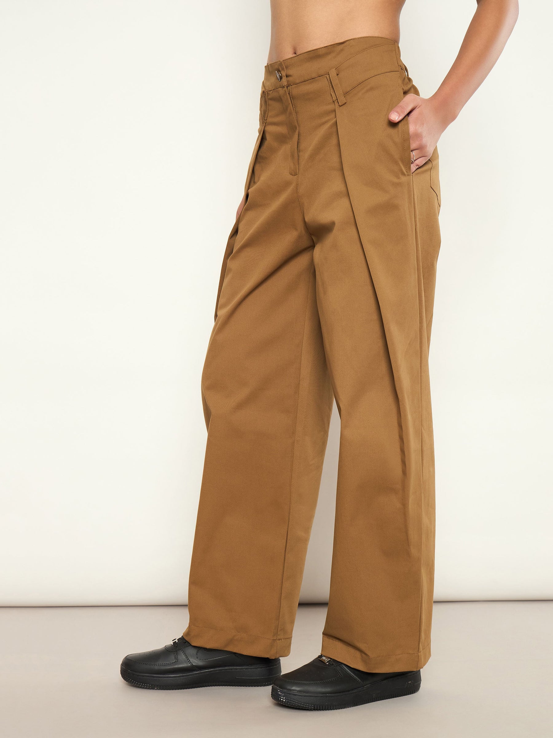 Brown Overlap Pleated Korean Pants-SASSAFRAS