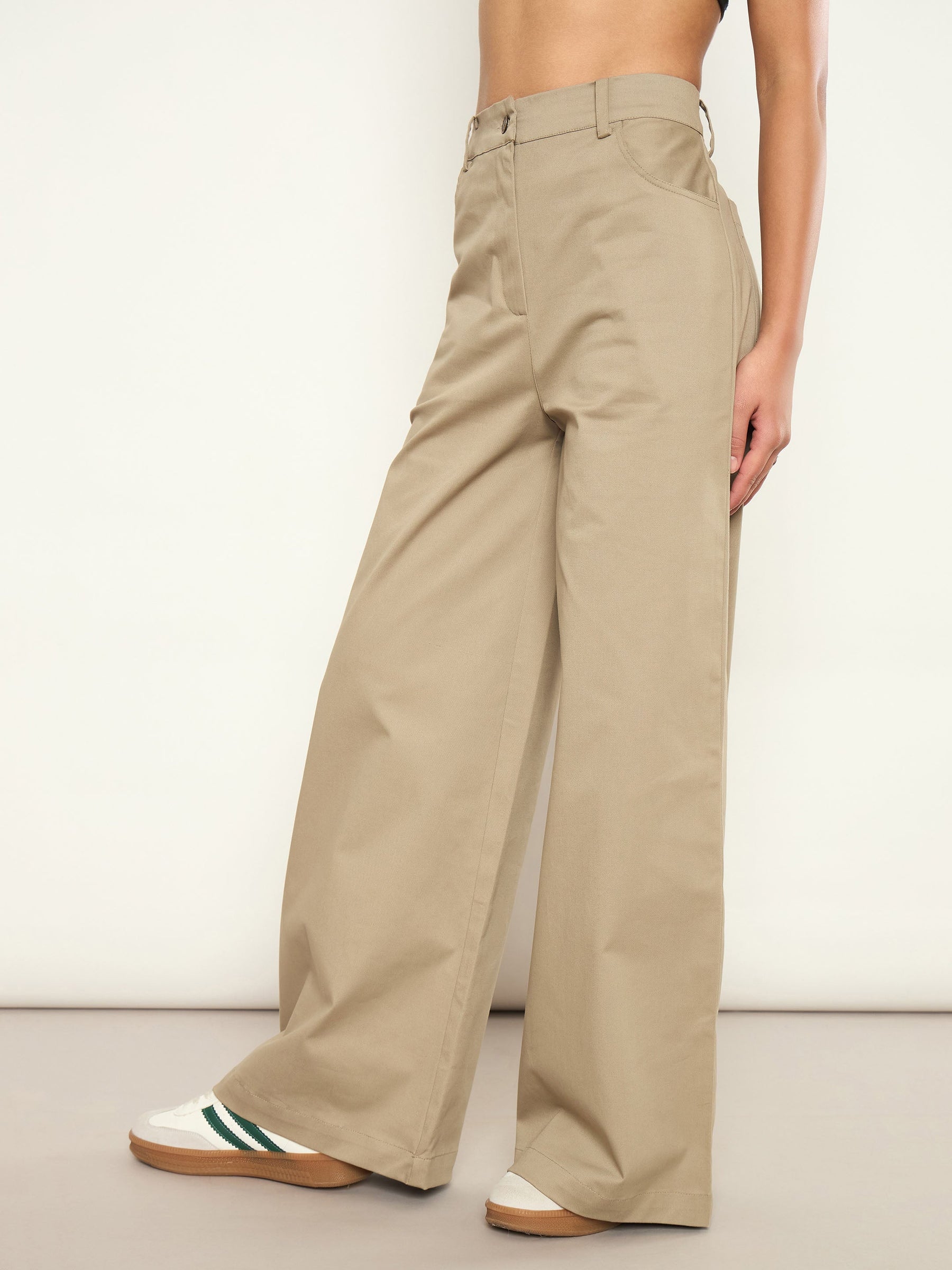 Beige Twill Straight Fit Pants-SASSAFRAS