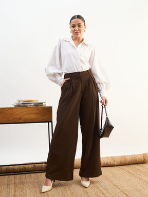 Coffee Brown High-Rise Inverted Box Pleat Pants-SASSAFRAS worklyf