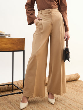 Beige Dual Dart Wide Leg Pants-SASSAFRAS worklyf