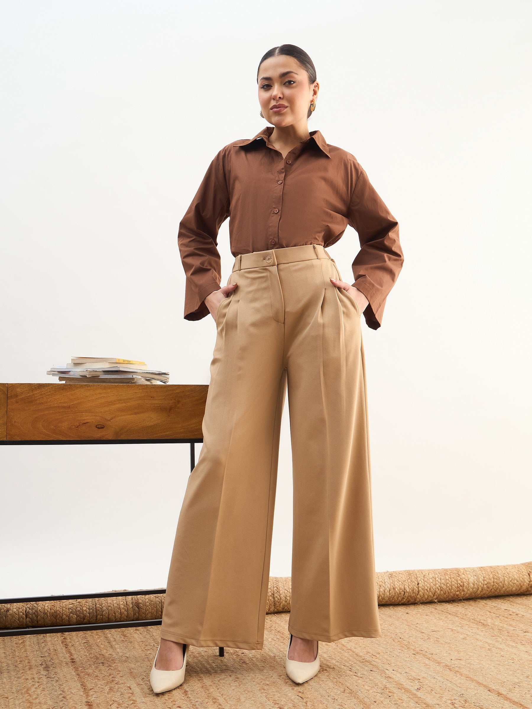 Beige Dual Dart Wide Leg Pants-SASSAFRAS worklyf