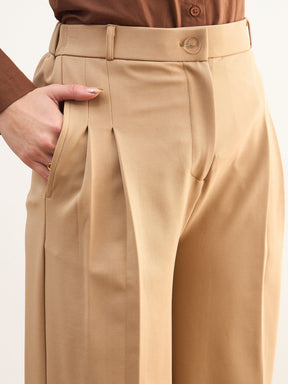 Beige Dual Dart Wide Leg Pants-SASSAFRAS worklyf