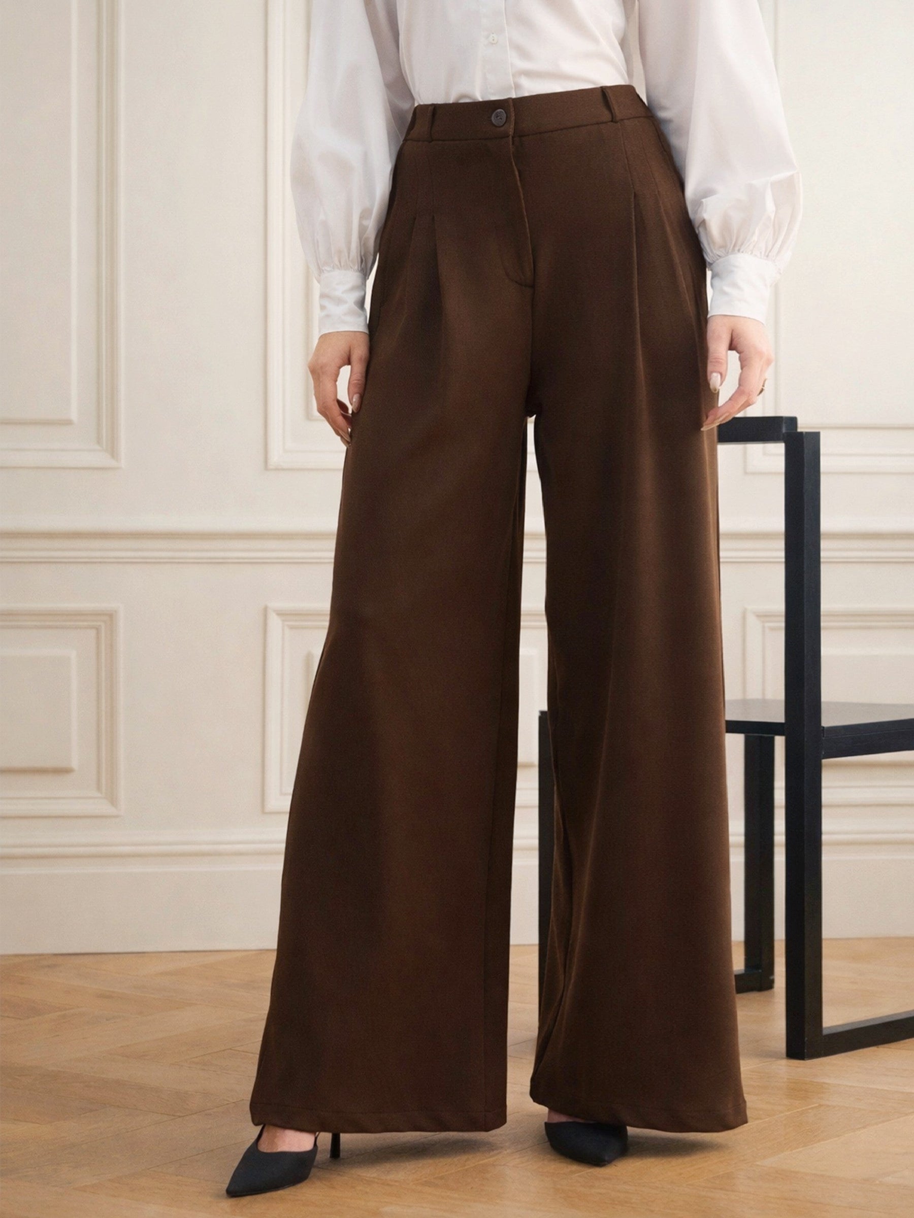 Coffee Brown Dual Dart Wide Leg Pants-SASSAFRAS worklyf