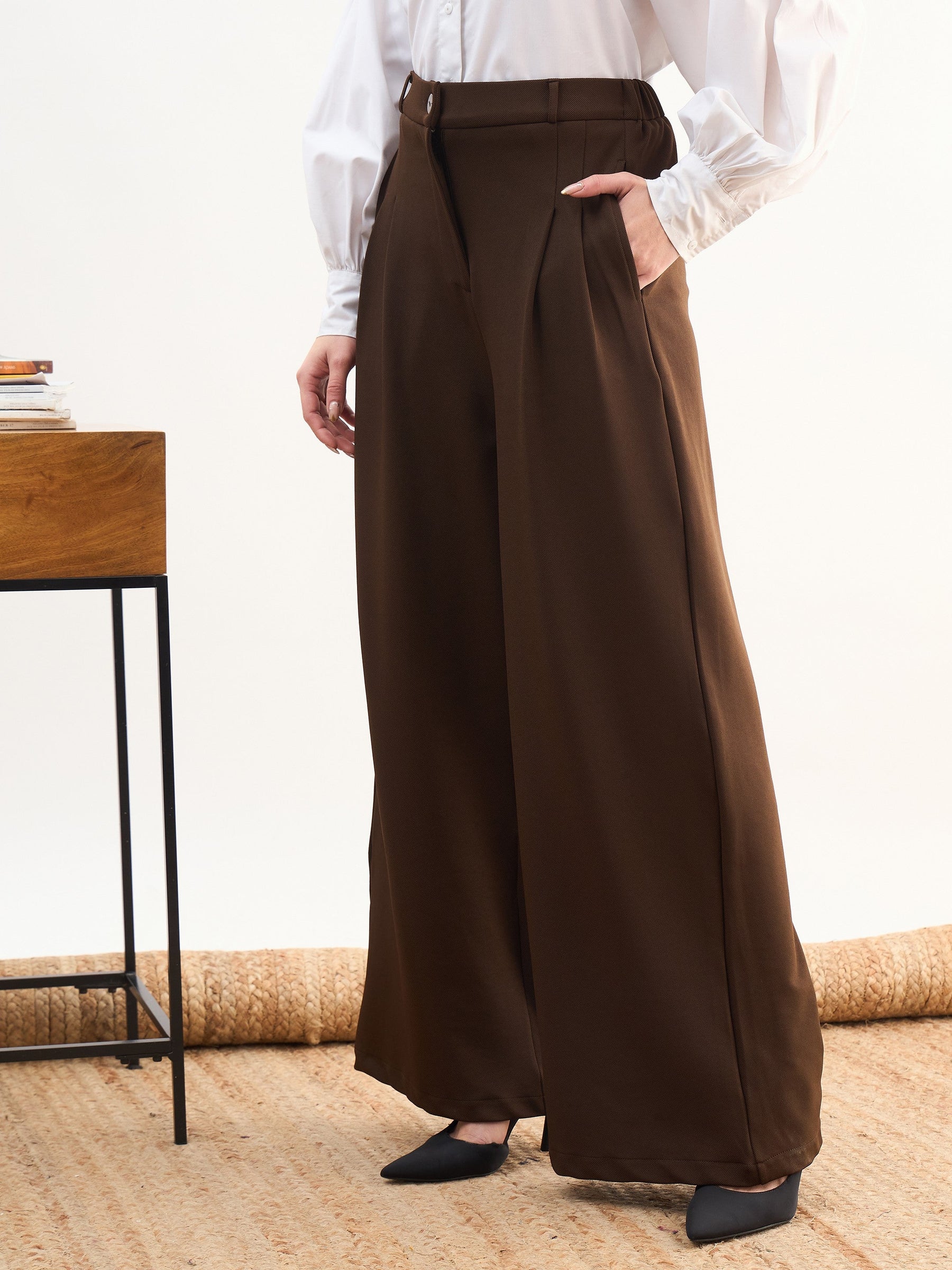 Coffee Brown Dual Dart Wide Leg Pants-SASSAFRAS worklyf