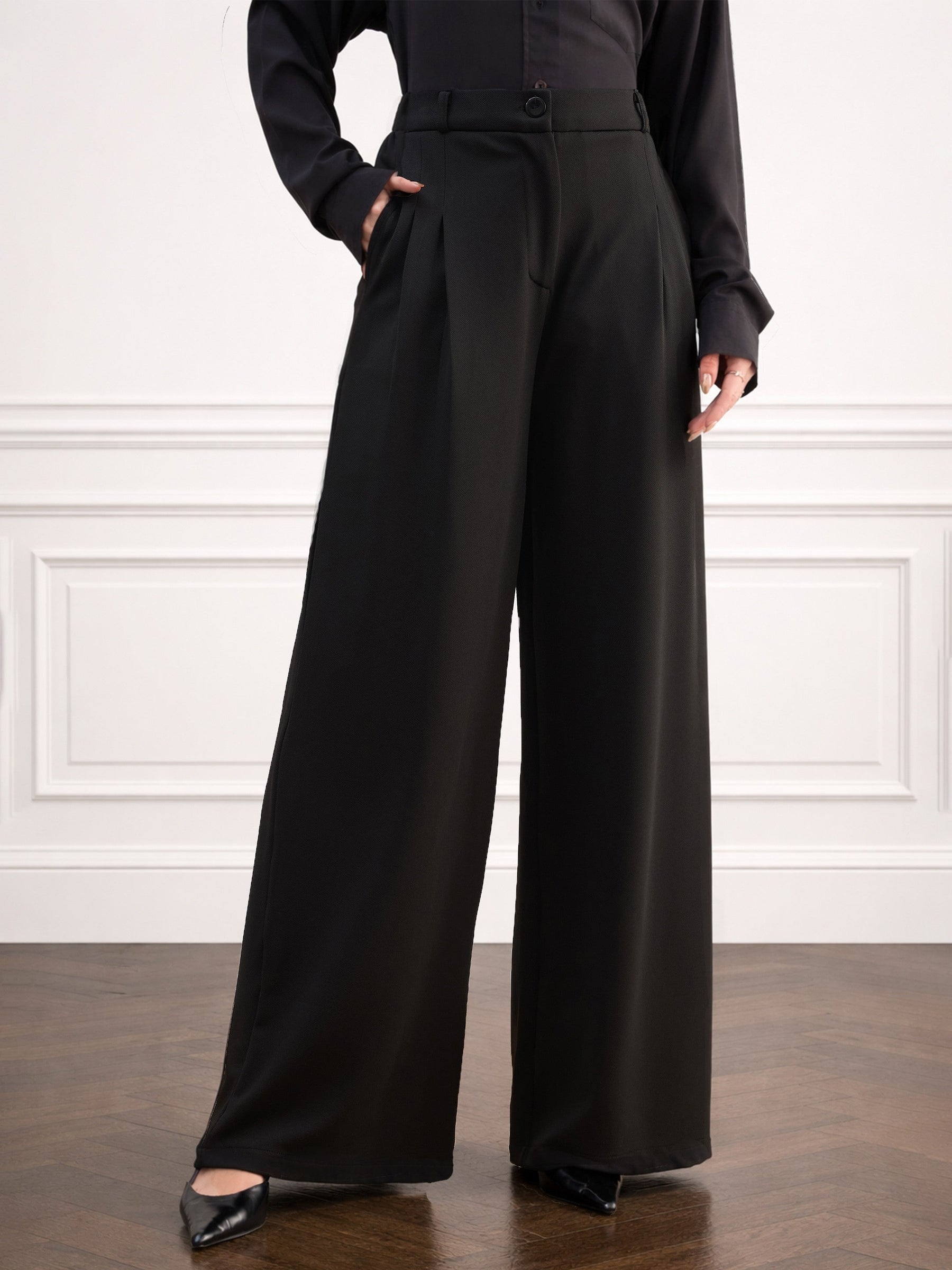 Black Dual Dart Wide Leg Pants-SASSAFRAS worklyf