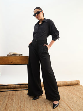 Black Dual Dart Wide Leg Pants-SASSAFRAS worklyf
