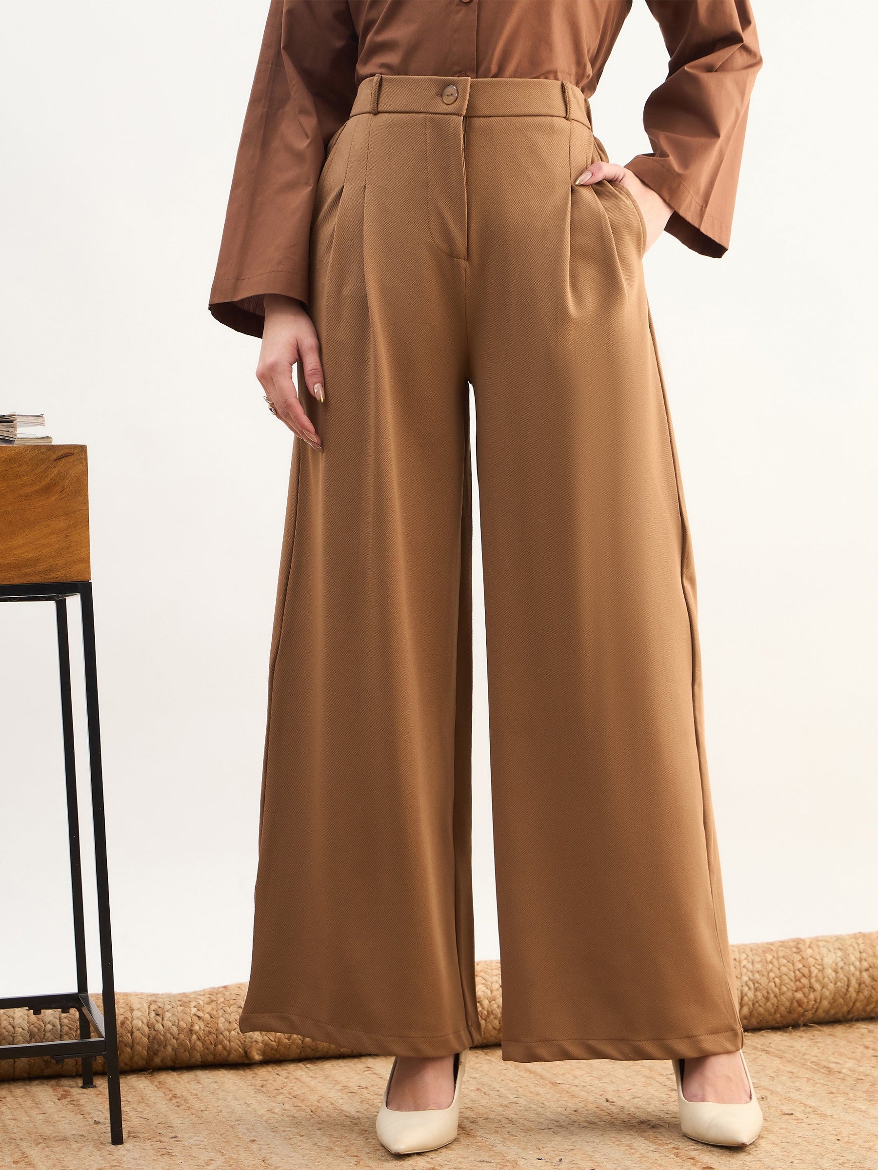 Tan Brown Dual Dart Wide Leg Pants-SASSAFRAS worklyf
