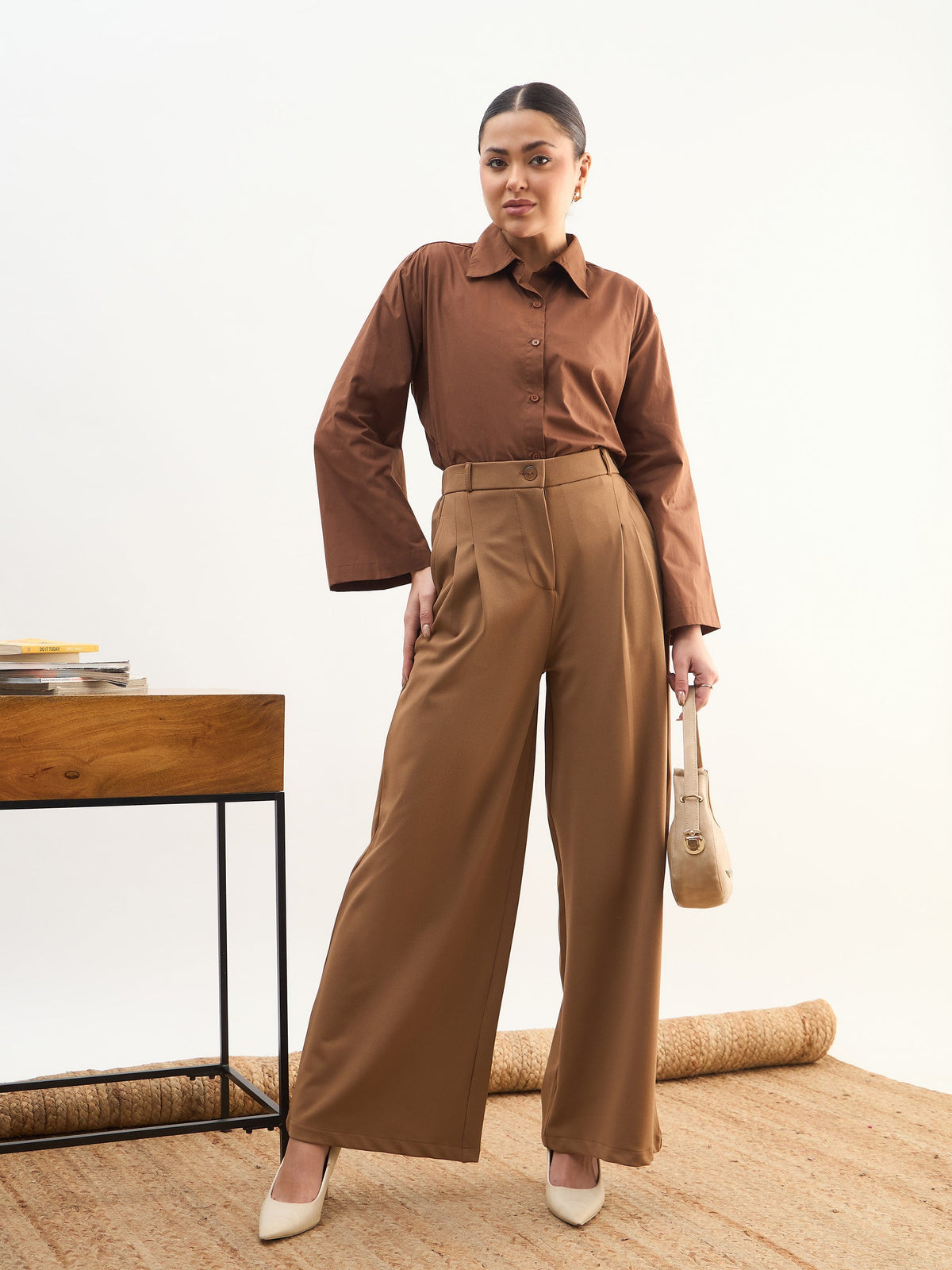 Tan Brown Dual Dart Wide Leg Pants-SASSAFRAS worklyf