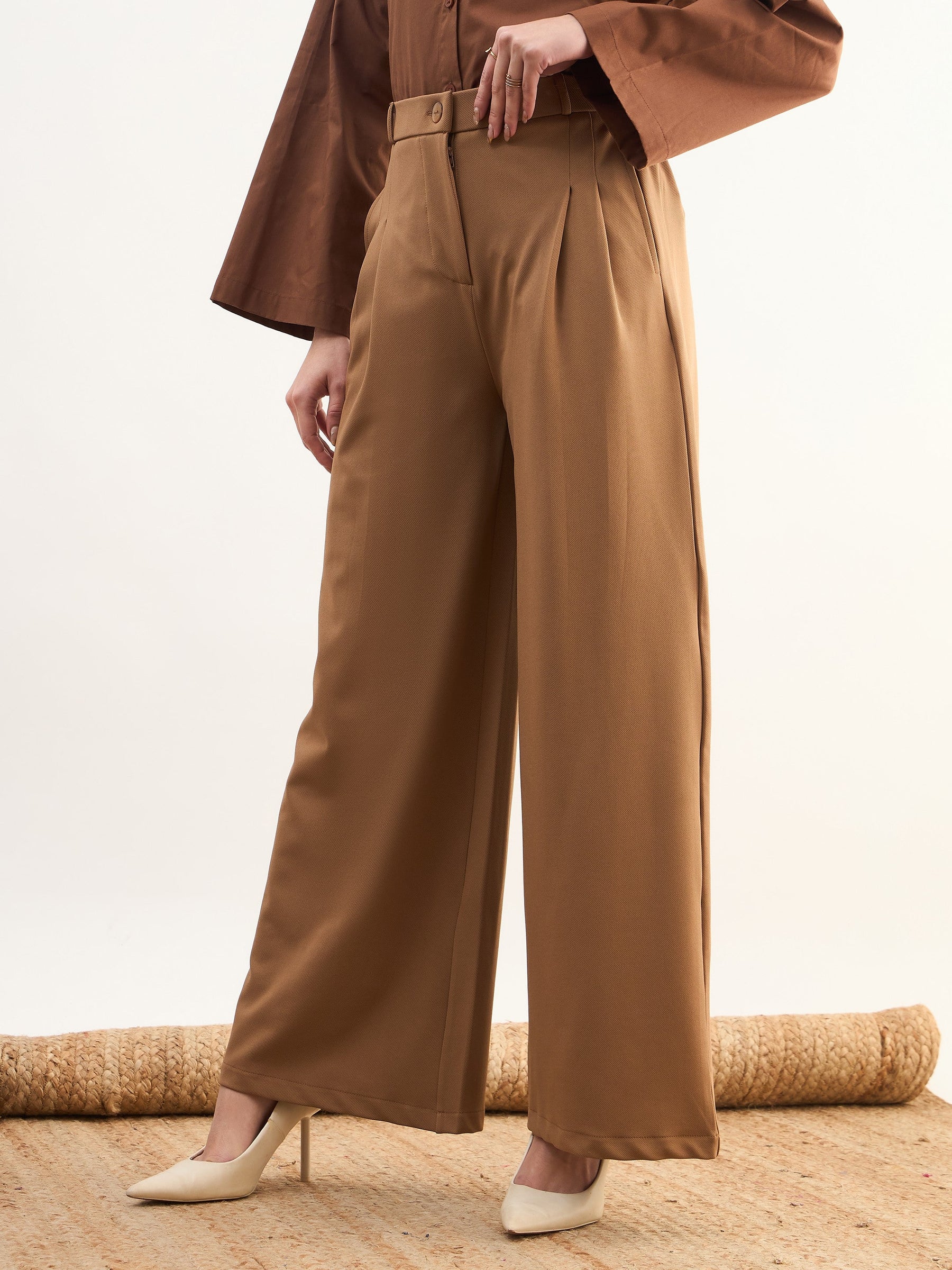 Tan Brown Dual Dart Wide Leg Pants-SASSAFRAS worklyf