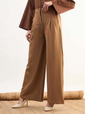 Tan Brown Dual Dart Wide Leg Pants-SASSAFRAS worklyf