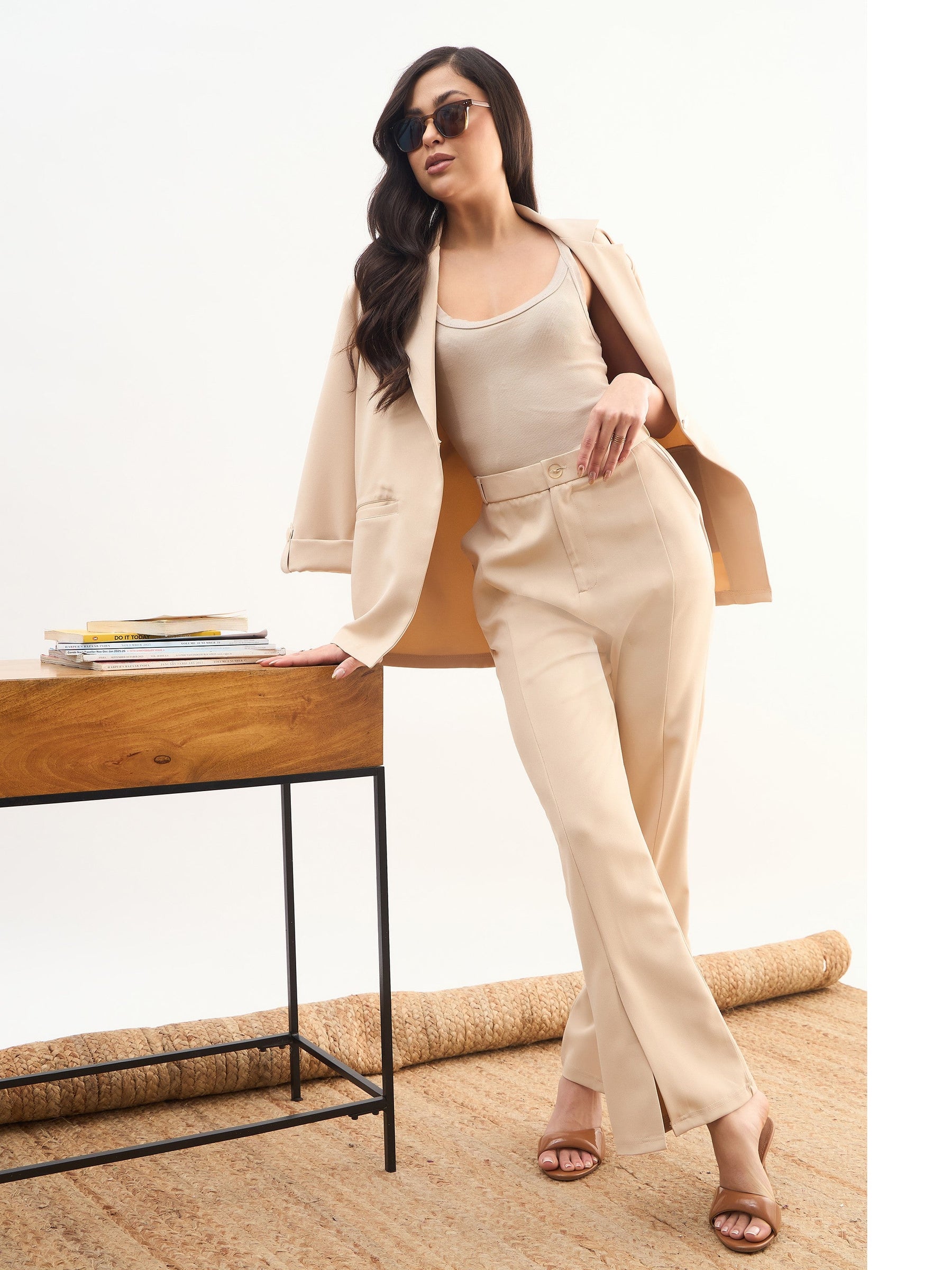 Beige Front Slit Bellbottom Pants-SASSAFRAS worklyf